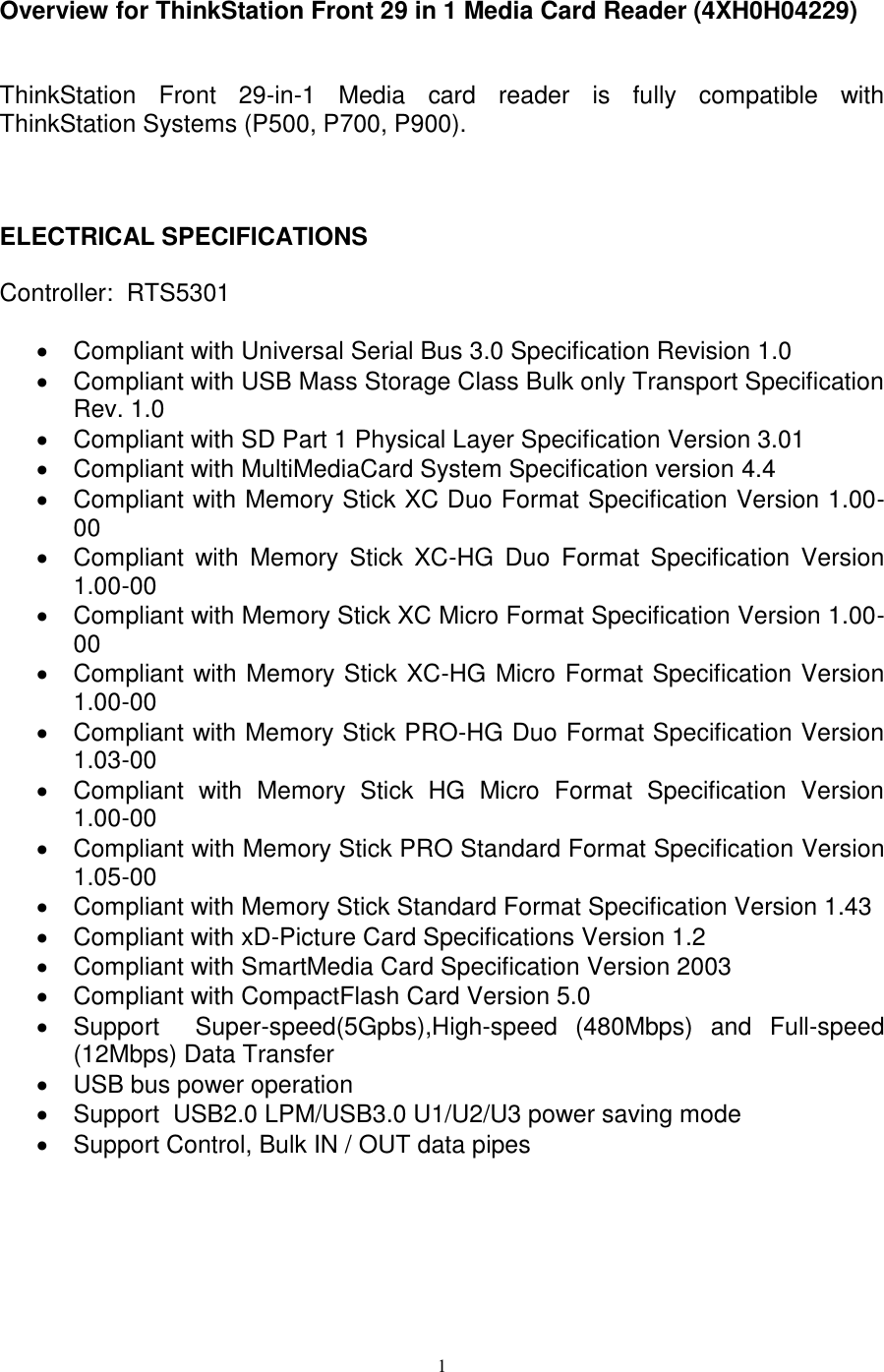 Page 1 of 4 - Lenovo Tsn Front29In1 Media Card Reader 4Xh0H04229 User Manual P700 Workstation (Think Station) - Type 30A8
