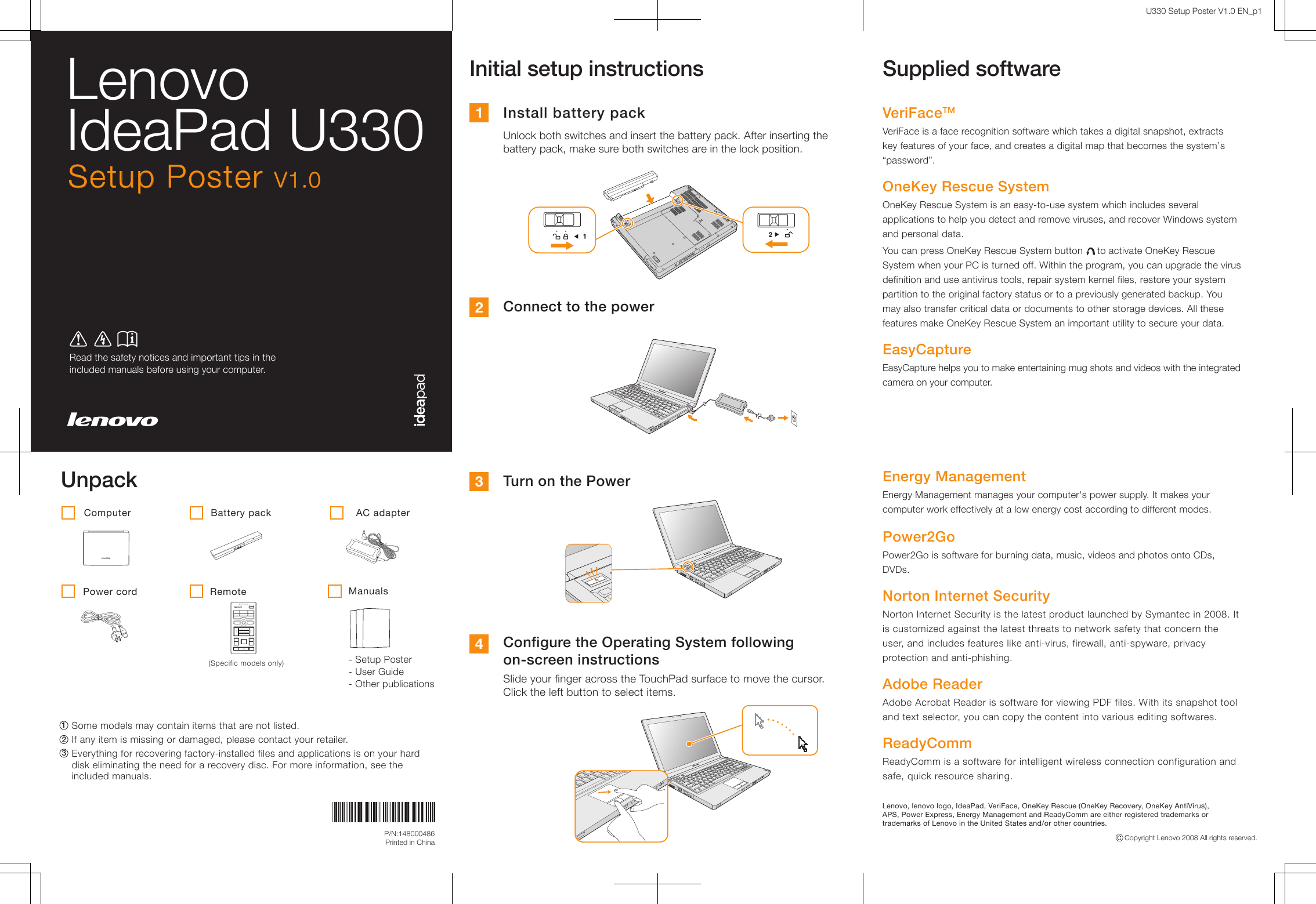 Page 1 of 2 - Lenovo U330 Setup Poster V1.0 In English Post EN_p1 User Manual Laptop (ideapad)