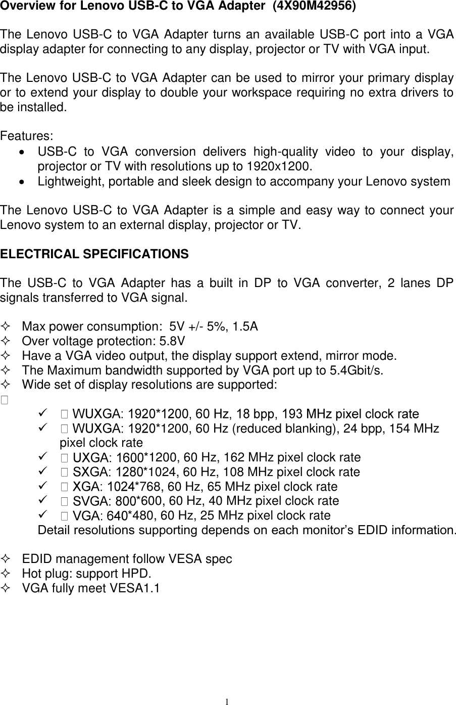 Page 1 of 2 - Lenovo Usbc To Vga Adapter 4X90M42956 User Manual Yoga Laptop (Think Pad) - Type 20CD