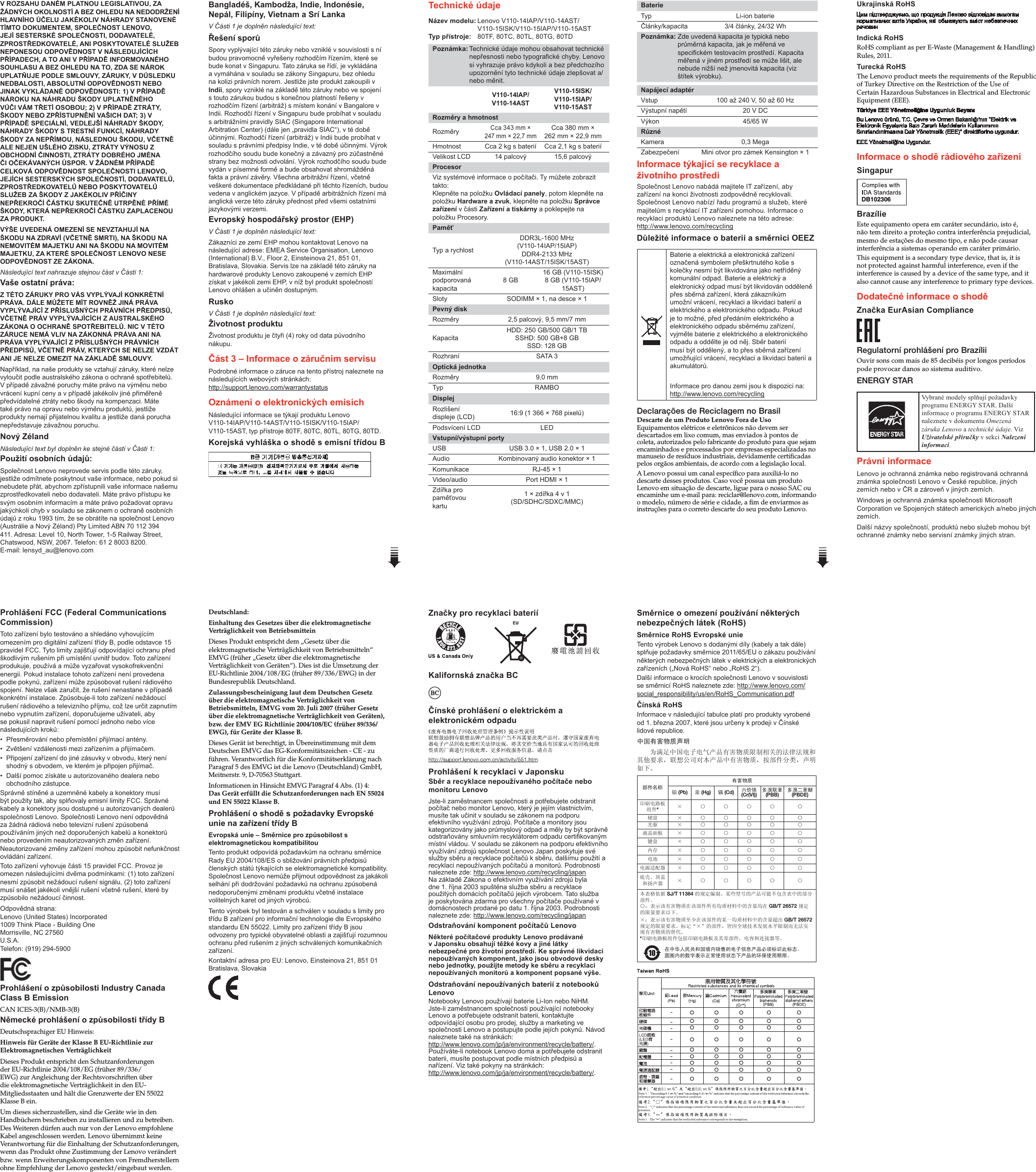 Page 2 of 2 - Lenovo V110-14-15Iap V110-14-15Ast V110-15Isk Swsg Cs User Manual (Czech) Safety, Warranty And Setup Guide - V110-14AST, V110-14IAP, V110-15AST, V110-15IAP, Laptop V110-14AST (Lenovo) Type 80TC