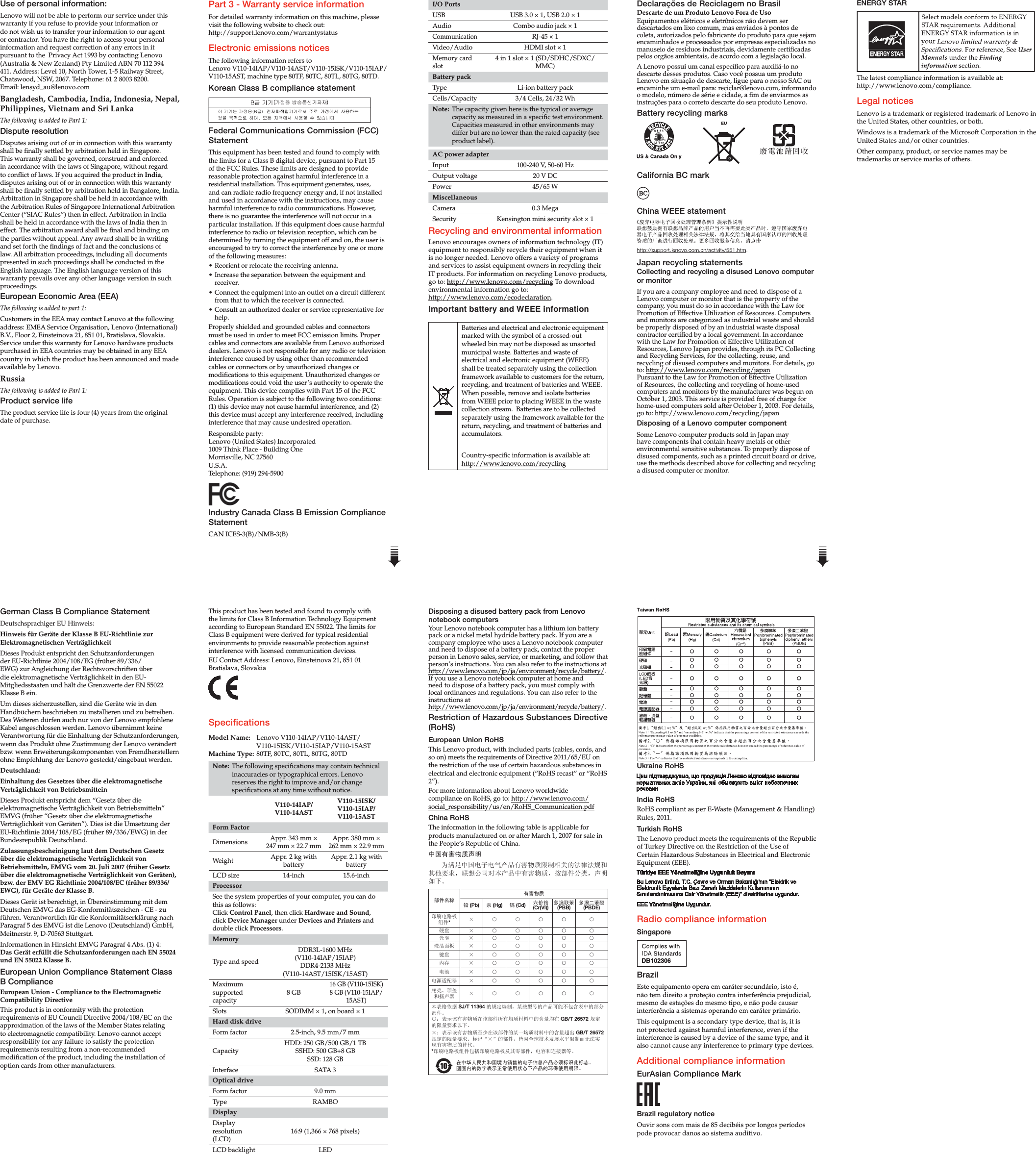 Page 2 of 2 - Lenovo V110-14-15Iap V110-14-15Ast V110-15Isk Swsg En User Manual (English) Safety, Warranty And Setup Guide - V110-14AST, V110-14IAP, V110-15AST, V110-15IAP, Laptop V110-14AST (Lenovo) Type 80TC