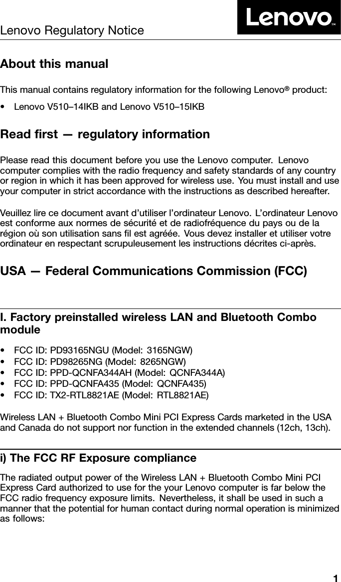 Page 1 of 8 - Lenovo V510-14-15Ikb Rn Us-Ca User Manual Regulatory Notice (US-CA) - V510-14IKB, V510-15IKB Laptop (Lenovo) Type 80WQ