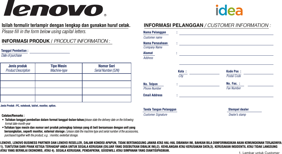 Page 3 of 7 - Lenovo Warranty Card For Indonesia V1.0 110 200 20130626 148510873 110_200_20130426 User Manual Information S6000 Tablet (S6000-F, S6000-H) - Type Z0A7