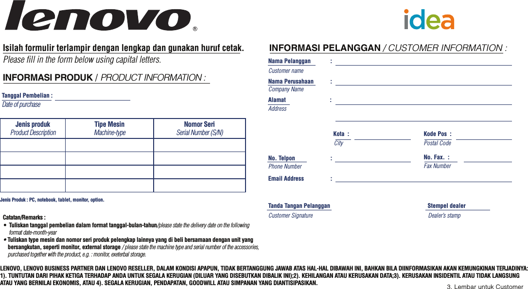 Page 5 of 7 - Lenovo Warranty Card For Indonesia V1.0 110 200 20130626 148510873 110_200_20130426 User Manual Information S6000 Tablet (S6000-F, S6000-H) - Type Z0A7