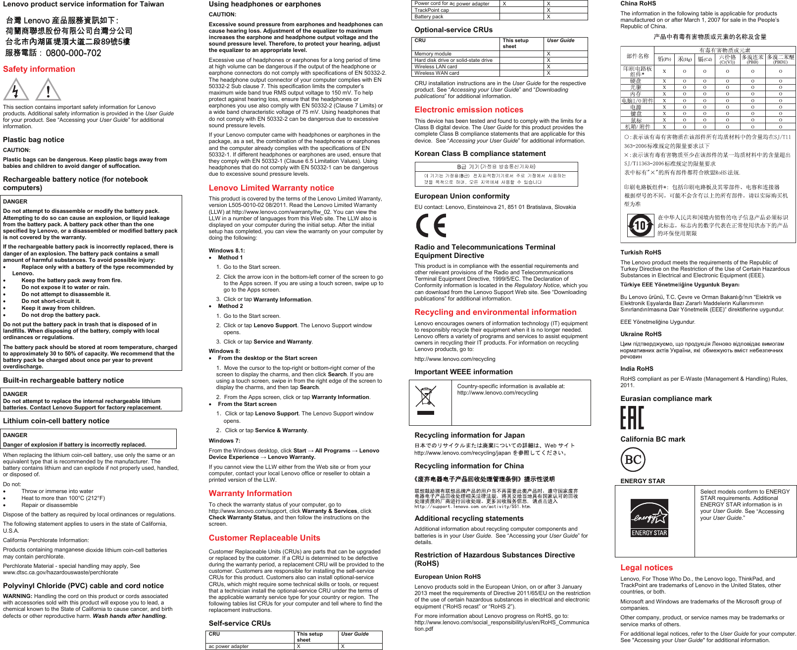 Page 2 of 2 - Lenovo X240 Swsg En Sp40F29962 ThinkPad X240_Wolverine1 User Manual (English) Safety, Warranty, And Setup Guide Laptop (Think Pad)