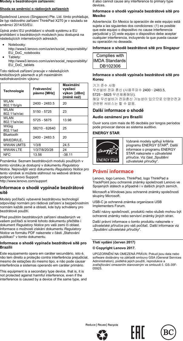 Page 10 of 10 - Lenovo X270 Swsg Cs User Manual (Czech) Safety, Warranty And Setup Guide - Think Pad (Type 20HN, 20HM) Laptop (Think Pad) Type 20HM