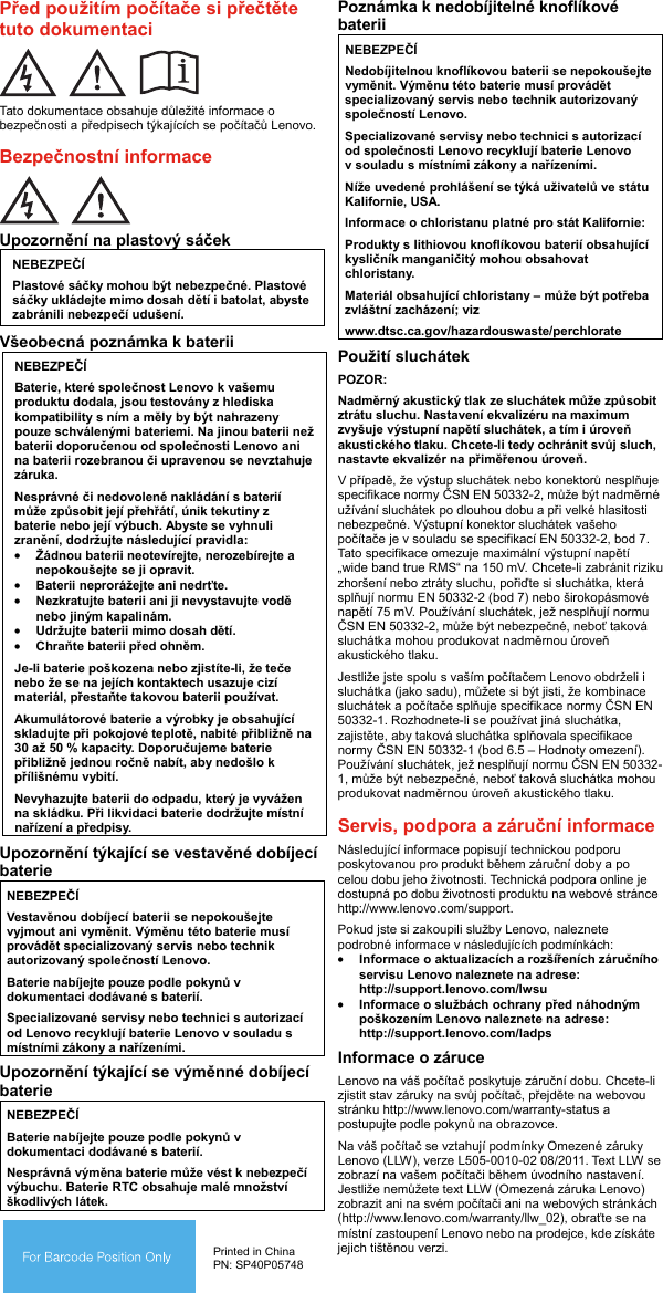 Page 6 of 10 - Lenovo X270 Swsg Cs User Manual (Czech) Safety, Warranty And Setup Guide - Think Pad (Type 20HN, 20HM) Laptop (Think Pad) Type 20HM