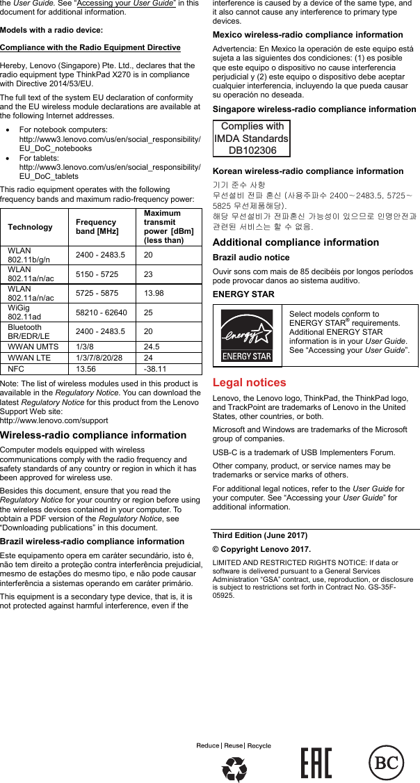 Page 10 of 10 - Lenovo X270 Swsg En - X270_swsg_en_SP40P05746x User Manual (English) Safety, Warranty And Setup Guide Think Pad (Type 20HN, 20HM) Laptop (Think Pad) Type 20HM