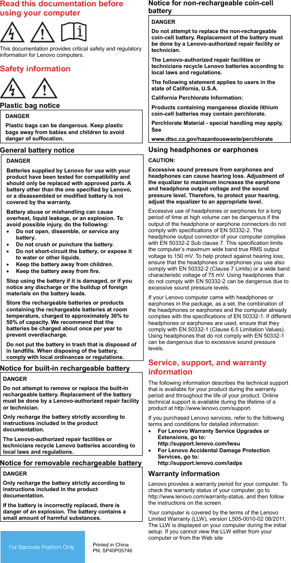 Page 6 of 10 - Lenovo X270 Swsg En - X270_swsg_en_SP40P05746x User Manual (English) Safety, Warranty And Setup Guide Think Pad (Type 20HN, 20HM) Laptop (Think Pad) Type 20HM
