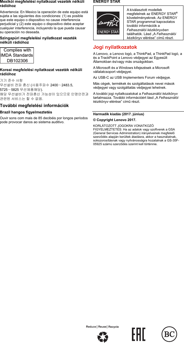 Page 11 of 12 - Lenovo X270 Swsg Hu User Manual (Hungarian) Safety, Warranty And Setup Guide - Think Pad (Type 20HN, 20HM) Laptop (Think Pad) Type 20HM