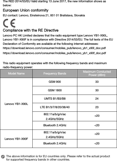 The RED 2014/53/EU Valid starting 13 June 2017, the new information shows as below: European Union conformity   EU contact: Lenovo, Einsteinova 21, 851 01 Bratislava, Slovakia     Compliance with the RE Directive Lenovo PC HK Limited declares that the radio equipment type Lenovo YB1-X90L, Lenovo YB1-X90F is in compliance with Directive 2014/53/EU. The full texts of the EU Declaration of Conformity are available at the following internet addresses: https://download.lenovo.com/consumer/mobiles_pub/lenovo_yb1_x90l_doc.pdf https://download.lenovo.com/consumer/mobiles_pub/lenovo_yb1_x90f_doc.pdf  This radio equipment operates with the following frequency bands and maximum radio-frequency power: Model Name  Frequency Bands  Maximum Conducted Power (dBm) Lenovo YB1-X90L GSM 900  33 GSM 1800  30 UMTS B1/B3/B8  24 LTE B1/3/7/8/20/38/40  23 802.11a/b/g/n/ac 2.4GHz/5GHz &lt;20 Bluetooth 2.4GHz  &lt;20 Lenovo YB1-X90F 802.11a/b/g/n/ac 2.4GHz/5GHz &lt;20 Bluetooth 2.4GHz  &lt;20   The above information is for EU countries only. Please refer to the actual product for supported frequency bands in other countries. 