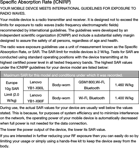 Specific Absorption Rate (ICNIRP) YOUR MOBILE DEVICE MEETS INTERNATIONAL GUIDELINES FOR EXPOSURE TO RADIO WAVES. Your mobile device is a radio transmitter and receiver. It is designed not to exceed the limits for exposure to radio waves (radio frequency electromagnetic fields) recommended by international guidelines. The guidelines were developed by an independent scientific organization (ICNIRP) and include a substantial safety margin designed to assure the safety of all persons, regardless of age and health. The radio wave exposure guidelines use a unit of measurement known as the Specific Absorption Rate, or SAR. The SAR limit for mobile devices is 2 W/kg. Tests for SAR are conducted using standard operating positions with the device transmitting at its highest certified power level in all tested frequency bands. The highest SAR values under the ICNIRP guidelines for your device model are listed below: Maximum SAR for this model and conditions under which it was recorded. Europe 10g SAR Limit (2.0 W/kg) Lenovo YB1-X90L  Body-worn GSM1800,Wi-Fi, Bluetooth  1.460 W/kg Lenovo YB1-X90F  Body-worn Wi-Fi, Bluetooth  1.400 W/kg During use, the actual SAR values for your device are usually well below the values stated. This is because, for purposes of system efficiency and to minimize interference on the network, the operating power of your mobile device is automatically decreased when full power is not needed for the data connection. The lower the power output of the device, the lower its SAR value. If you are interested in further reducing your RF exposure then you can easily do so by limiting your usage or simply using a hands-free kit to keep the device away from the body.    