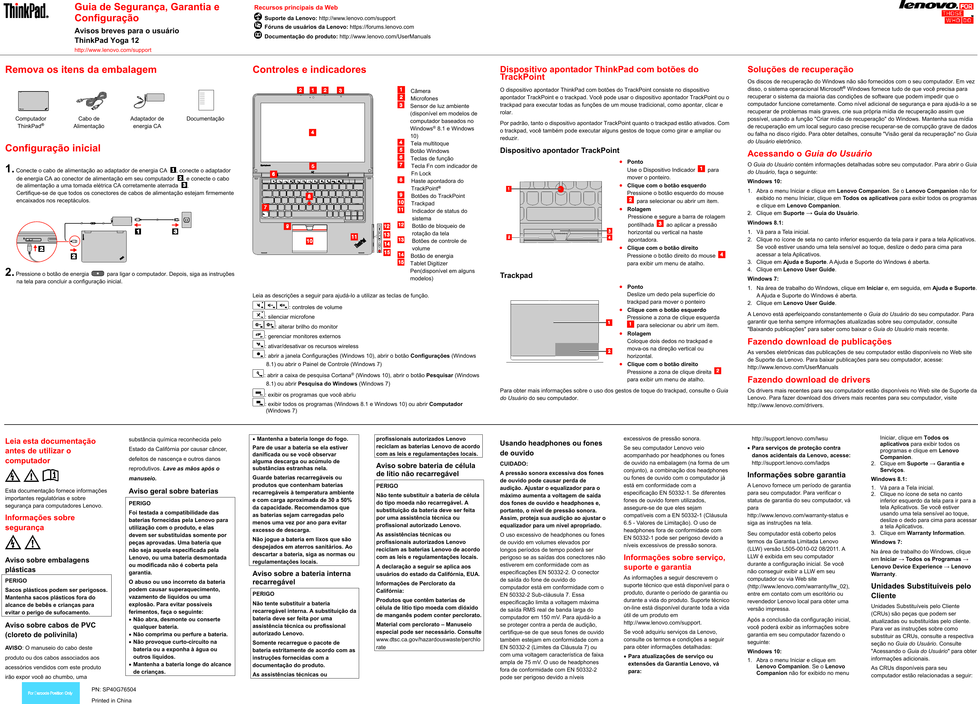 Page 1 of 2 - Lenovo Yoga 12 Swsg Pt-Br Sp40G76504 User Manual (Brazilian Portuguese) Safety, Warranty, And Setup Guide - Think Pad Laptop (Think Pad) Type 20DK