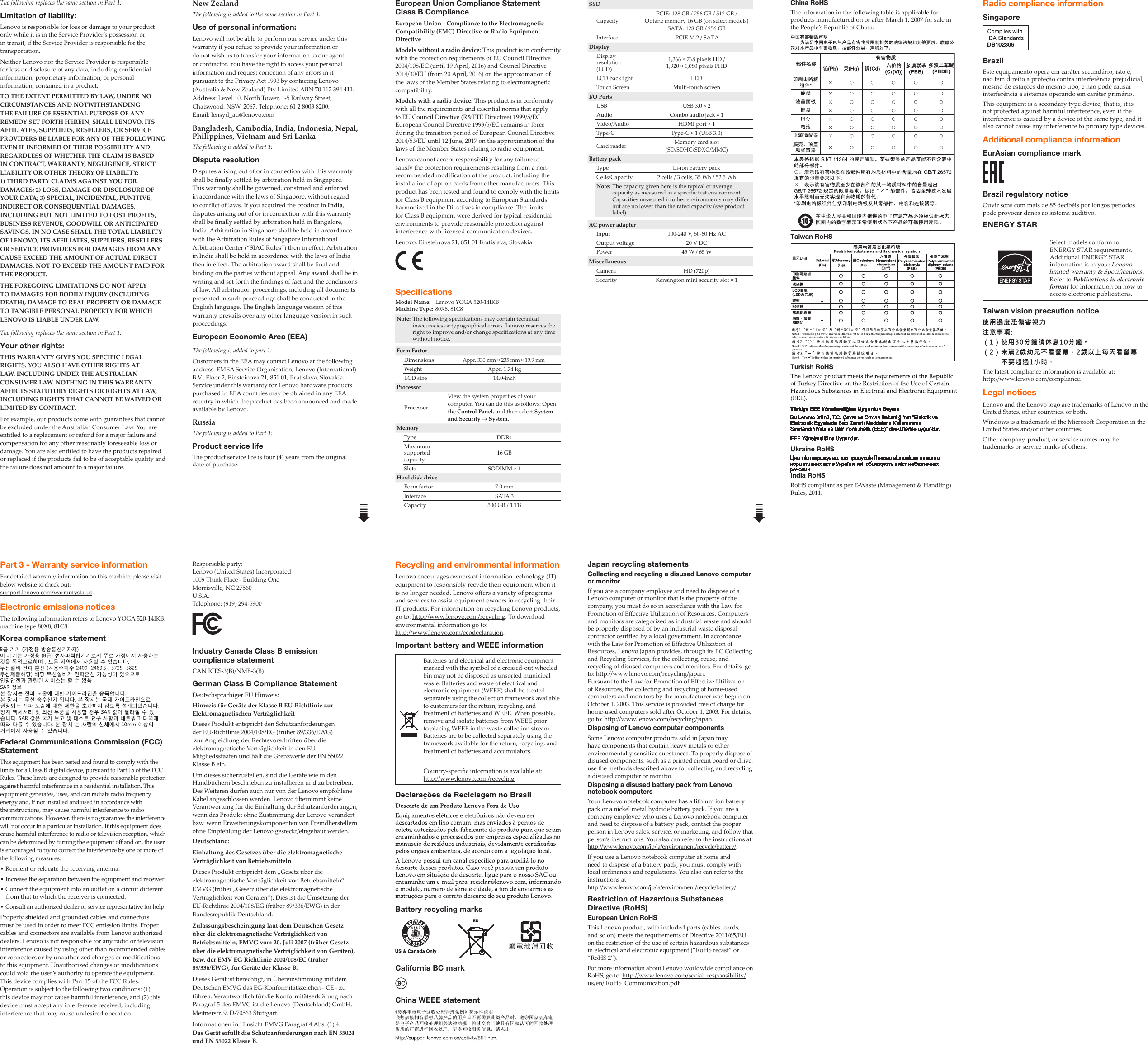 Page 2 of 2 - Lenovo Yoga 520-14Ikb Swsg En 201703 User Manual (English) Safety, Warranty, And Setup Guide - (Type 80X8) Laptop (ideapad)