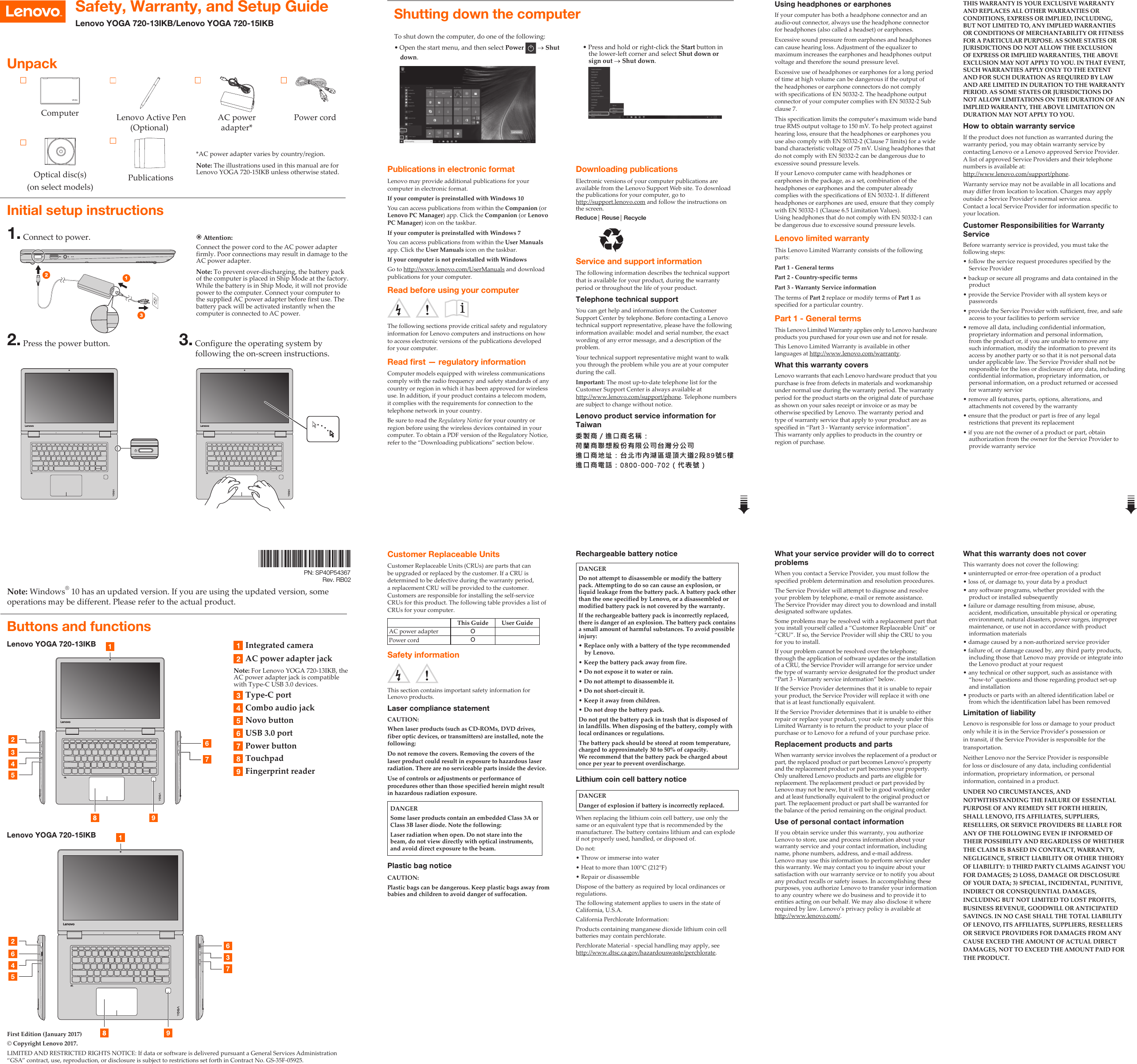 Page 1 of 2 - Lenovo Yoga720-13Ikb Yoga720-15Ikb Swsg En 201702 Yoga 720 1315 IKB EN-02 User Manual (English) Safety, Warranty, And Setup Guide - 720-13IKB, 720-15IKB 720-13IKB (Type 80X6) Laptop (ideapad)