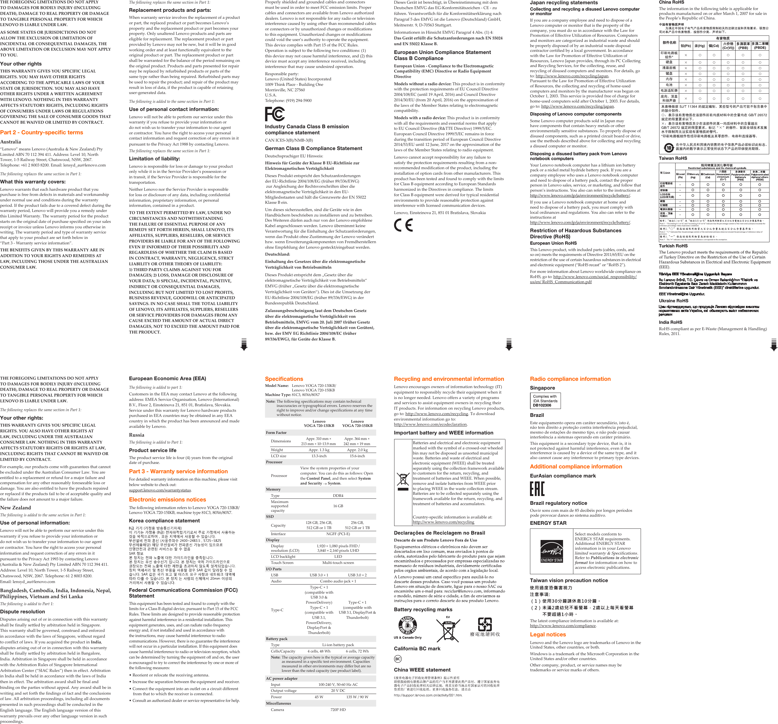 Page 2 of 2 - Lenovo Yoga720-13Ikb Yoga720-15Ikb Swsg En 201702 Yoga 720 1315 IKB EN-02 User Manual (English) Safety, Warranty, And Setup Guide - 720-13IKB, 720-15IKB 720-13IKB (Type 80X6) Laptop (ideapad)