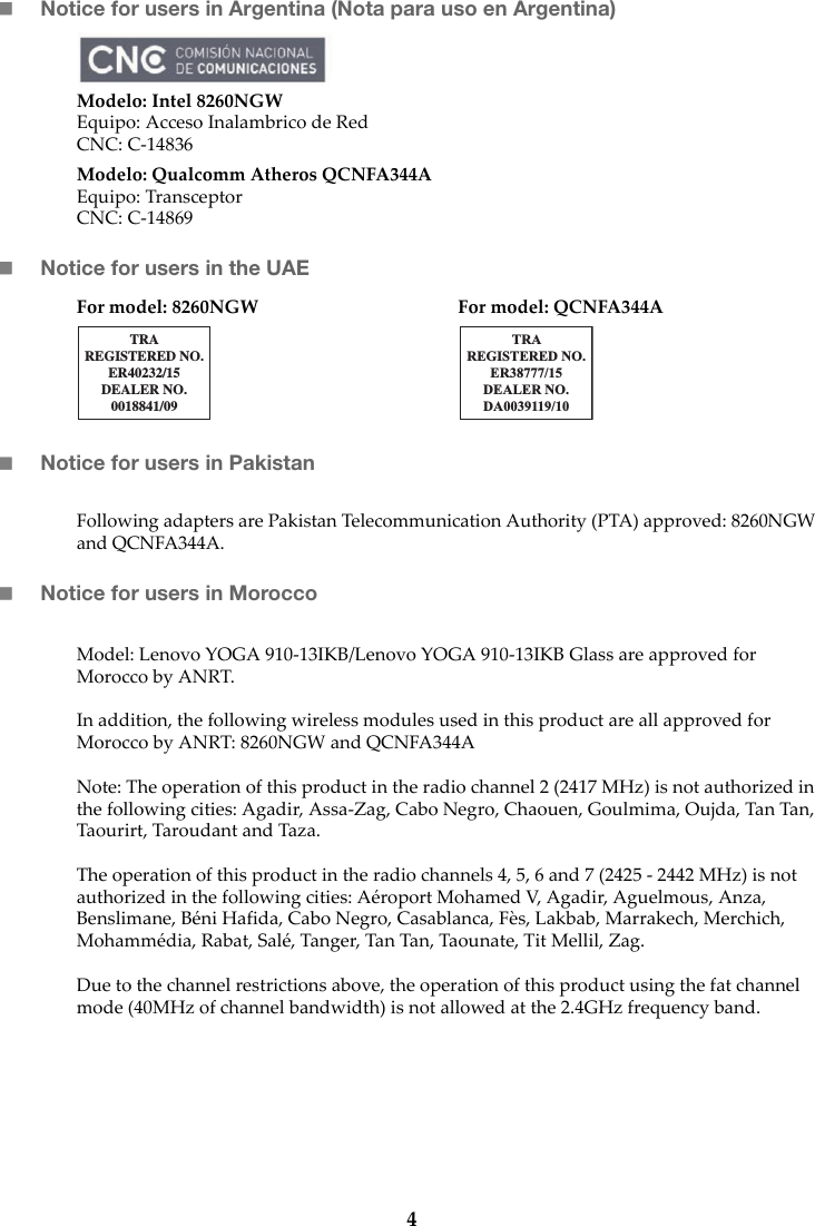 Page 5 of 11 - Lenovo Yoga910-13Ikb 13Ikbglass Web Rn Non Eu 201609 Yoga 910-13IKB Non-EU User Manual Regulatory Notice (Non-European) - 910-13IKB, Glass Laptop (ideapad)