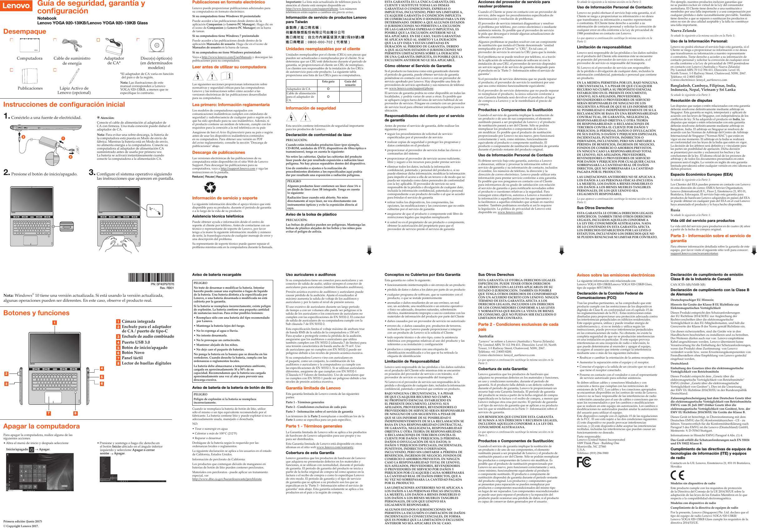 Page 1 of 2 - Lenovo Yoga920-13Ikb Yoga920-13Ikbglass Swsg Es 201709 YOGA 920-13IKB SP-01 User Manual (Spanish) Safety, Warranty, And Setup Guide - 920-13IKB, Glass Laptop (ideapad) Type 80Y8