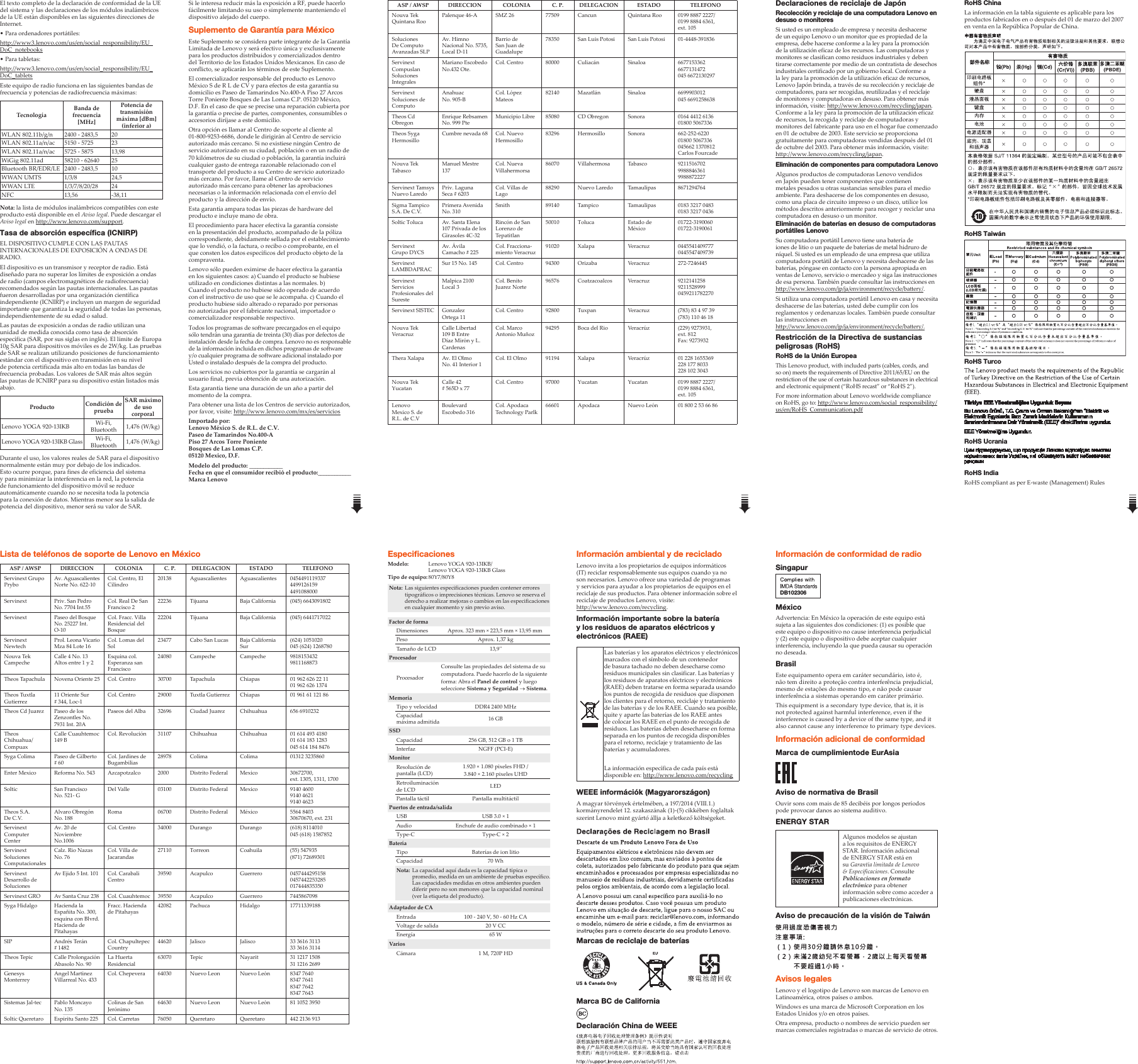 Page 2 of 2 - Lenovo Yoga920-13Ikb Yoga920-13Ikbglass Swsg Es 201709 YOGA 920-13IKB SP-01 User Manual (Spanish) Safety, Warranty, And Setup Guide - 920-13IKB, Glass Laptop (ideapad) Type 80Y8