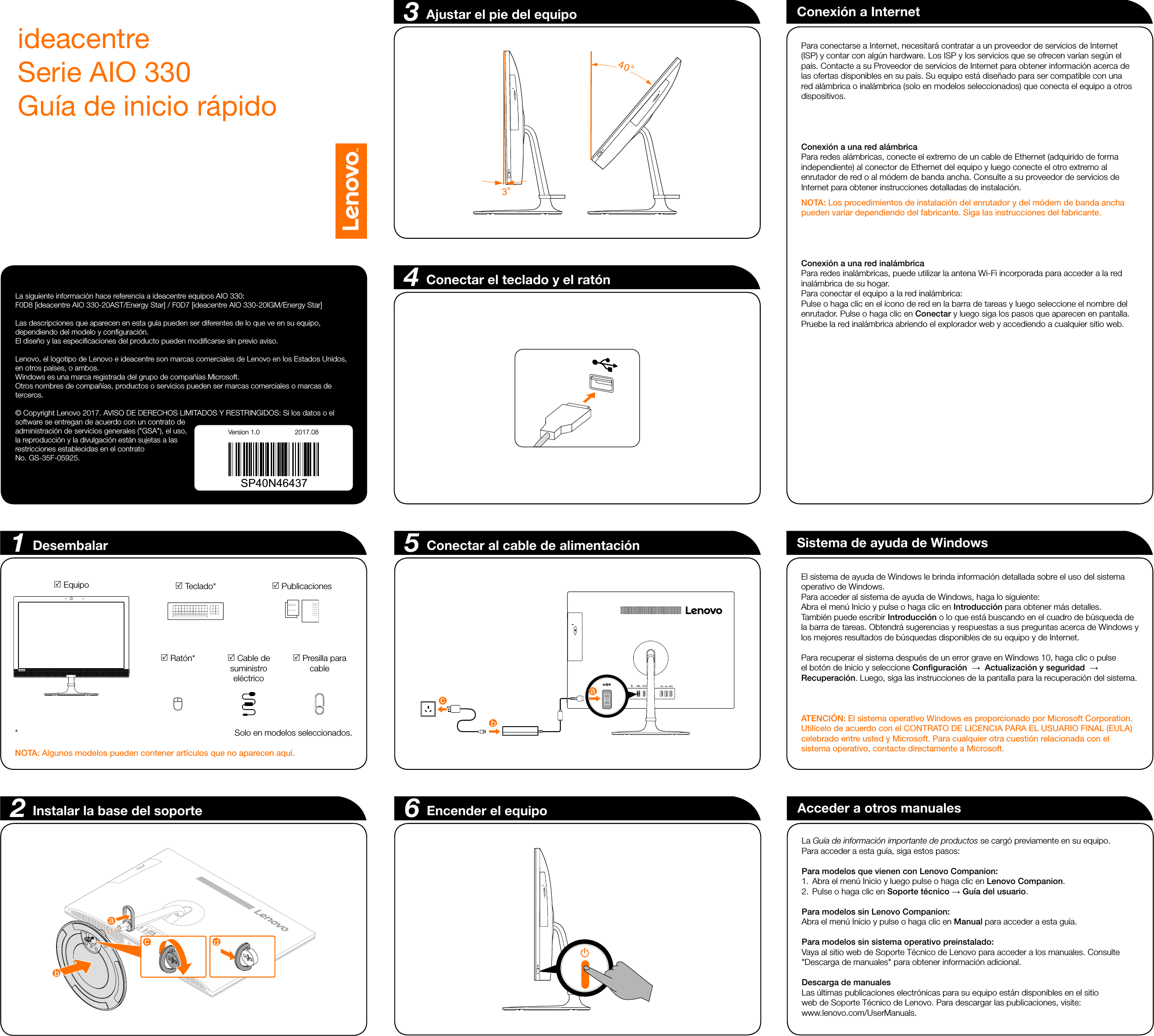 Page 1 of 2 - Lenovo  (Spanish) Ideacentre AIO 330 Series Quick Start Guide 330-20AST All-in-One (ideacentre) Qsg V1.0 Win10 Sp Online 20171121