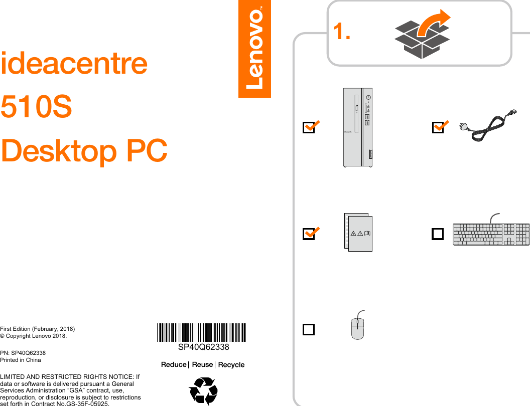 Page 1 of 2 - Lenovo Ideacentre 510S Desktop PC Setup Guide 510S-07ICB (ideacentre) - Type 90K8 Set Up 20180724
