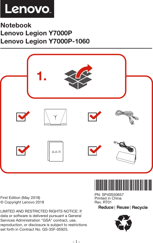 Page 1 of 6 - Lenovo Legion Y7000P SG-01 Setup Guide Laptop - Type 81HC Legiony7000p Y7000p-1060 Sg 201808