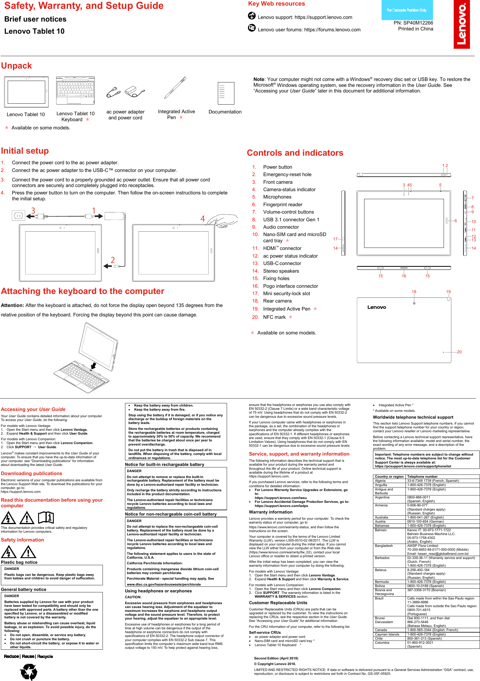 Page 1 of 2 - Lenovo  (English) Safety, Warranty And Setup Guide - Tablet 10 Tablet10 Swsg En