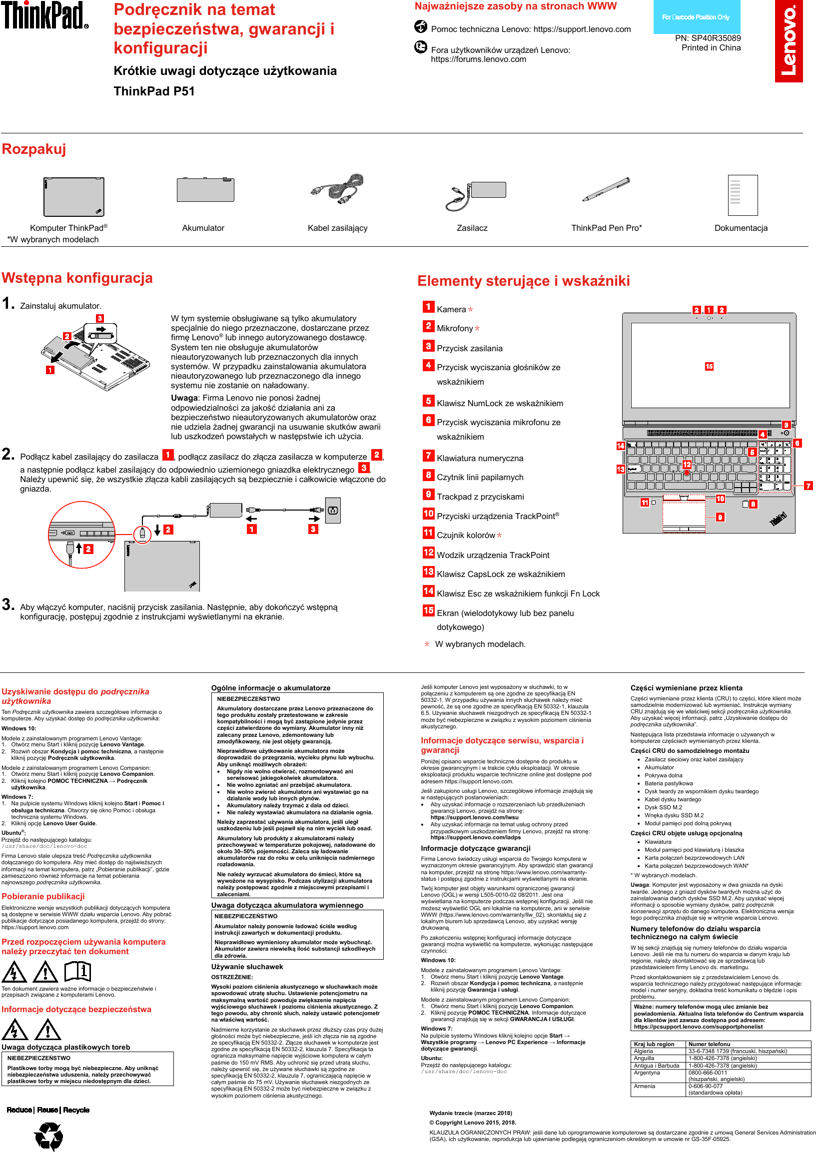 Page 1 of 2 - Lenovo  (Polish) Safety, Warranty And Setup Guide - Think Pad P51 (20HH, 20HJ) (Type 20HH, Laptop (Think Pad) Swsg Pl