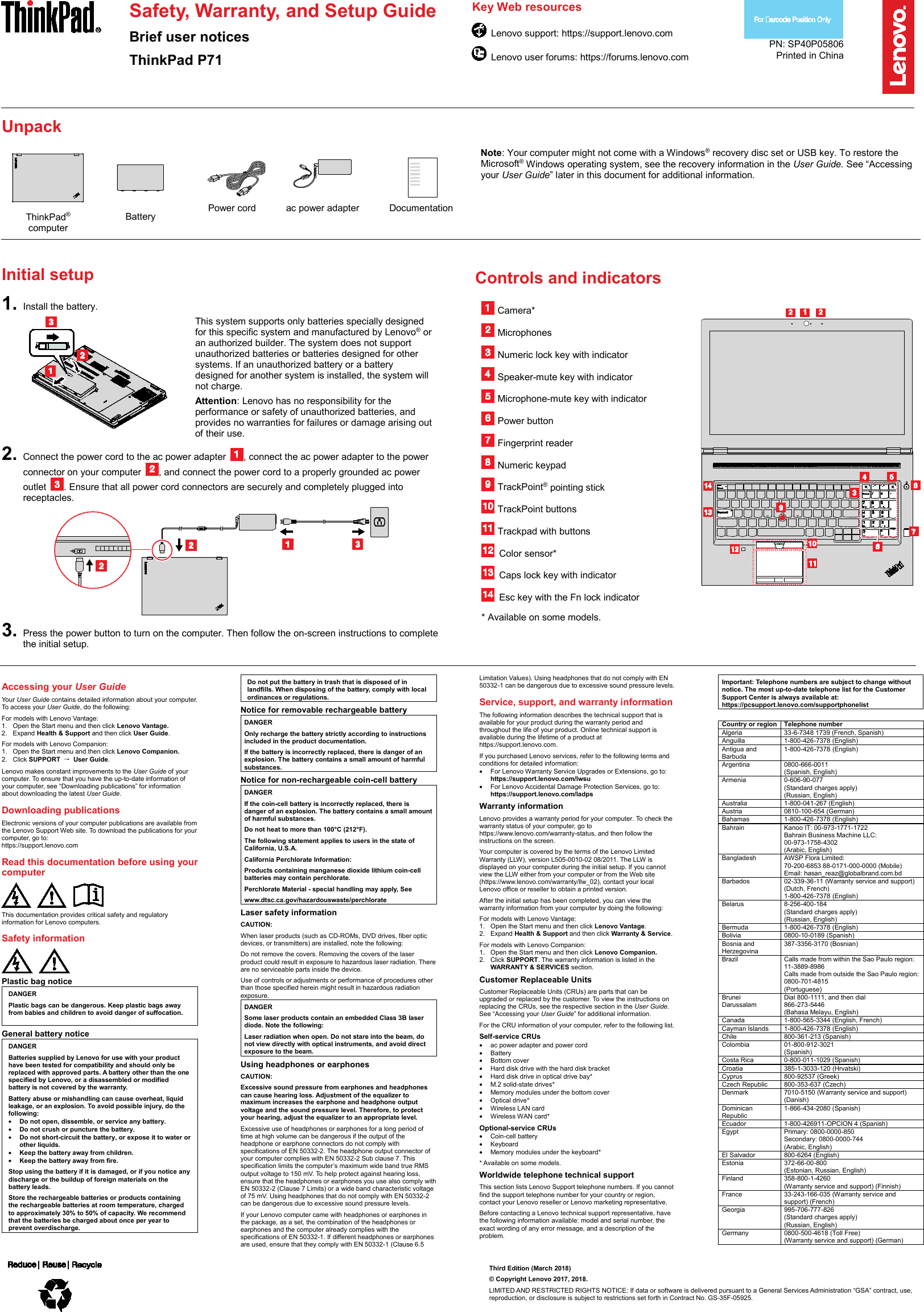Page 1 of 2 - Lenovo P71 SWSG (English) Safety, Warranty And Setup Guide - Think Pad (type 20HK, 20HL) Laptop (Thinkpad) En