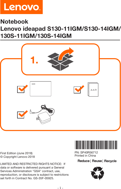 Page 1 of 6 - Lenovo  Setup Guide S130-11IGM Laptop (ideapad) S130-14igm 130s-11igm 130s-14igm Sg 201807