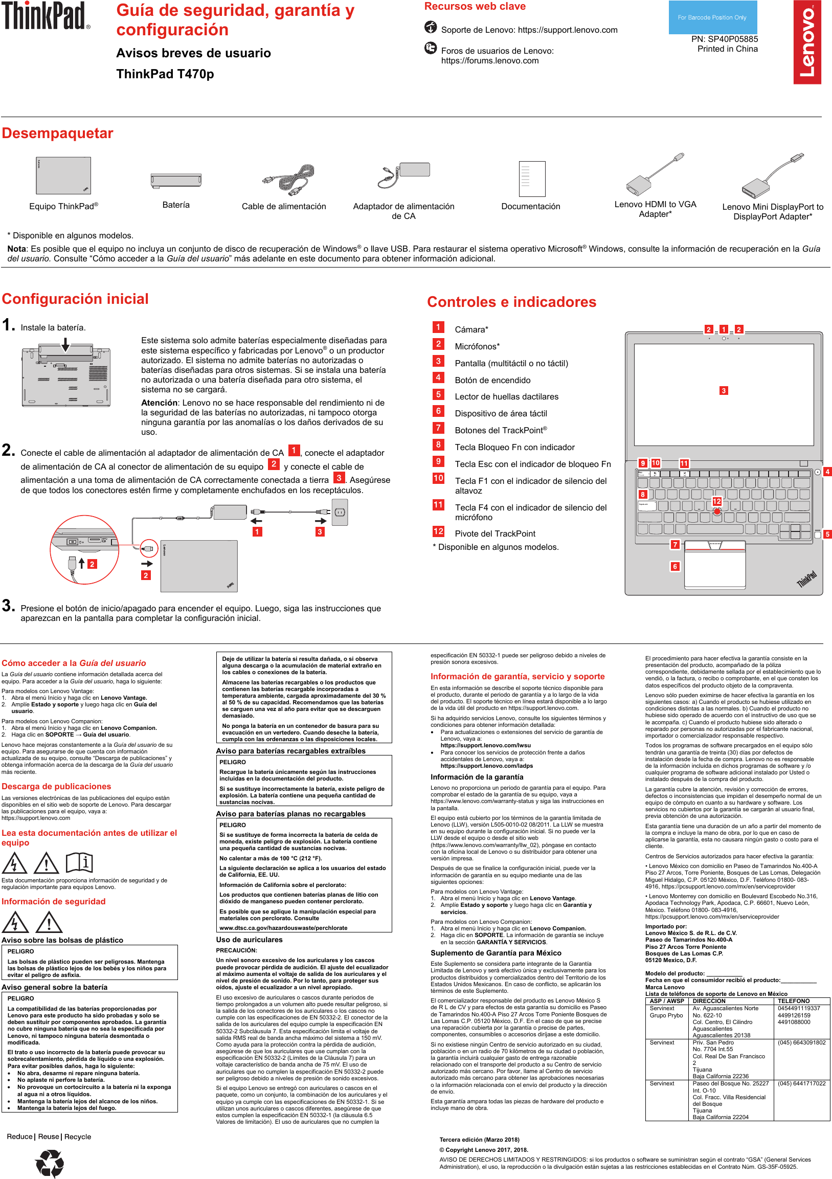 Page 1 of 2 - Lenovo  (Spanish) Safety, Warranty And Setup Guide - Think Pad T470p Laptop (Think Pad) Type 20J7 Swsg Es