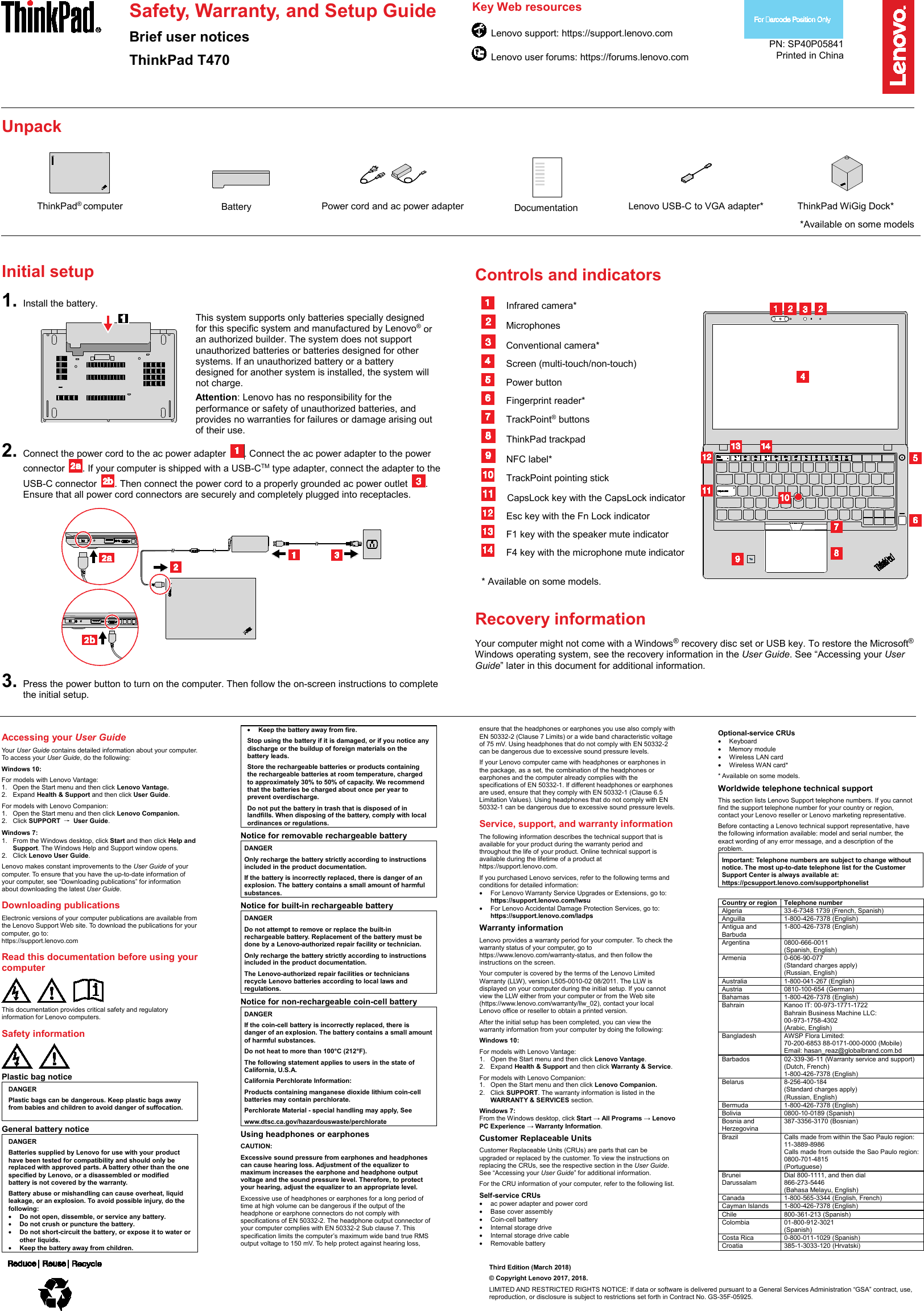 Page 1 of 2 - Lenovo T470 SWSG (English) Safety, Warranty And Setup Guide - Think Pad (Type 20HD, 20HE) Laptop (Think Pad) En
