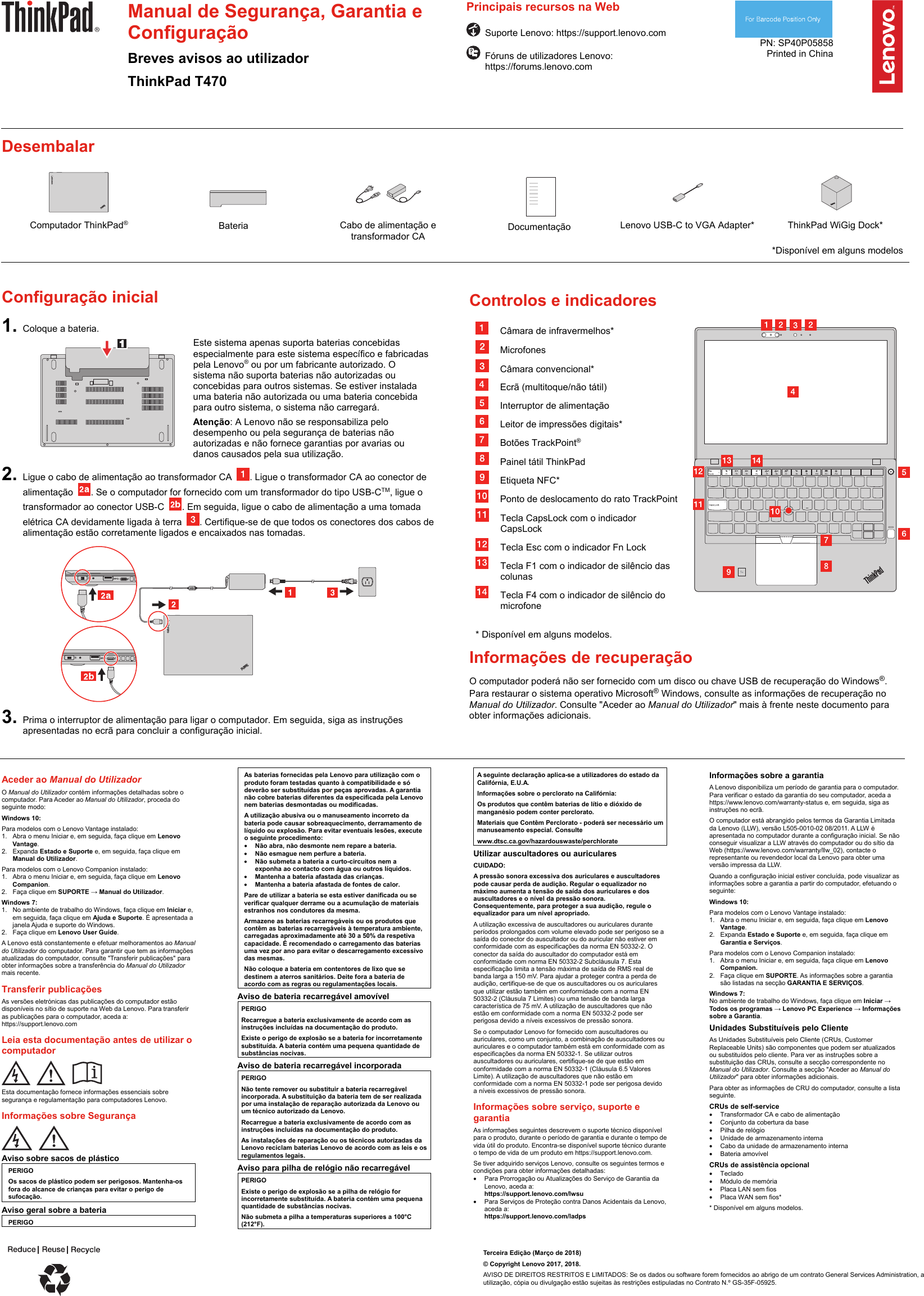 Page 1 of 2 - Lenovo  (Portuguese) Safety, Warranty And Setup Guide - Think Pad T470 (Type 20HD, 20HE) Laptop (Think Pad) Swsg Pt