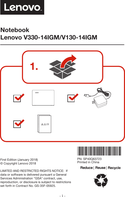 Page 1 of 8 - Lenovo  Setup Guide - V130-14IGM Laptop (Lenovo) V330-14igm Sg 201805