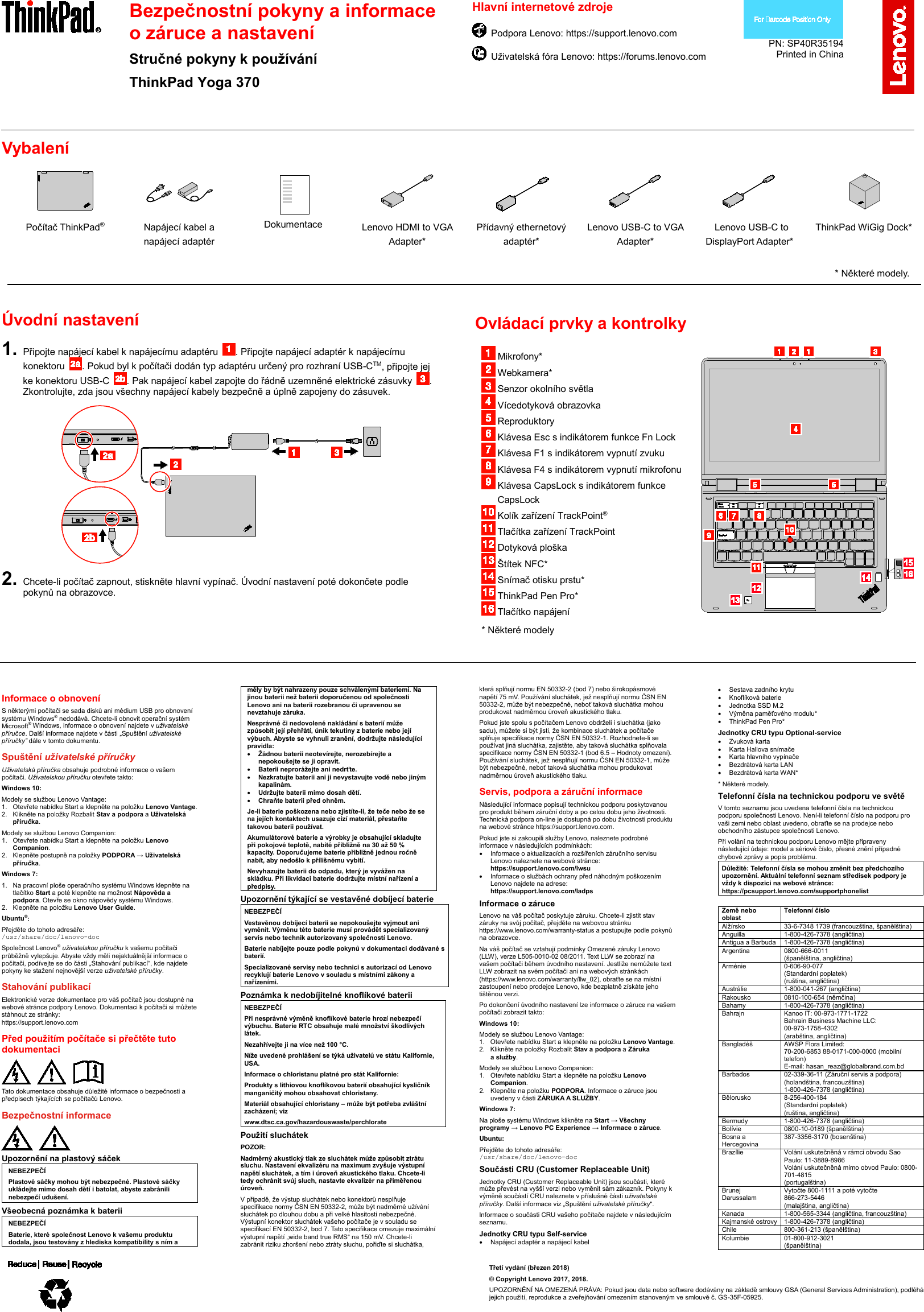 Page 1 of 2 - Lenovo  (Czech) Safety, Warranty And Setup Guide - Think Pad Yoga 370 Laptop (Think Pad) Swsg Cs