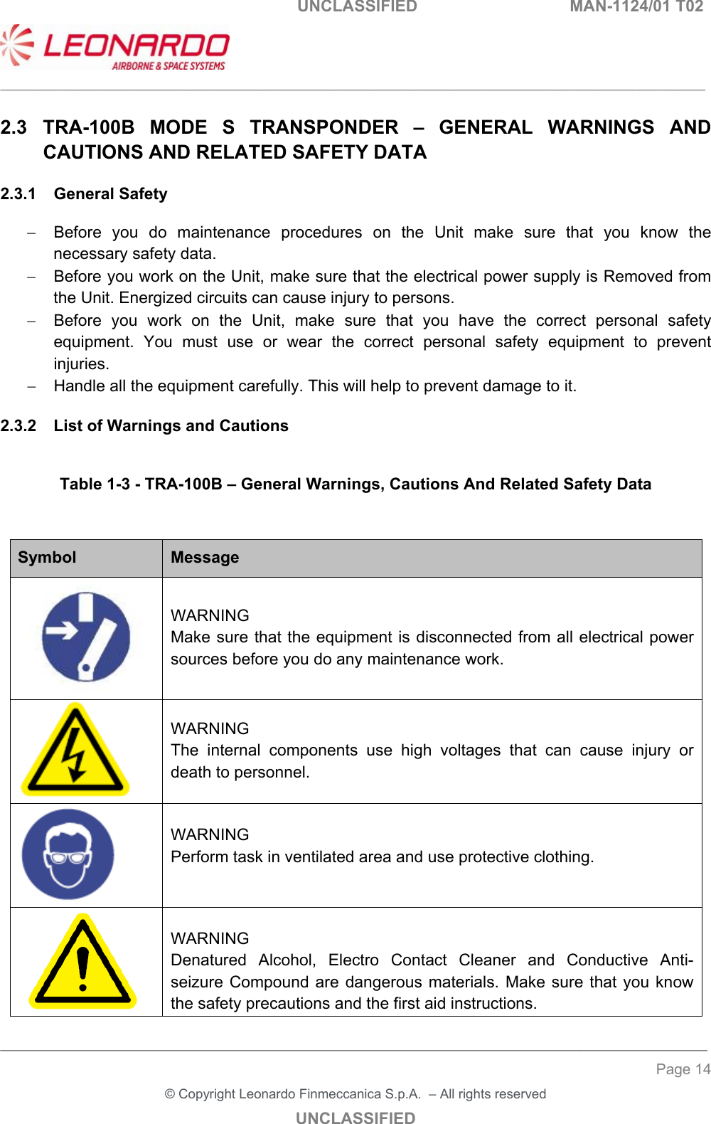   UNCLASSIFIED  MAN-1124/01 T02   ___________________________________________________________________________________________________________ ______________________________________________________________________________ Page 14 &copy; Copyright Leonardo Finmeccanica S.p.A.  &ndash; All rights reserved UNCLASSIFIED 2.3  TRA-100B  MODE  S  TRANSPONDER  &ndash;  GENERAL  WARNINGS  AND CAUTIONS AND RELATED SAFETY DATA 2.3.1  General Safety   Before  you  do  maintenance  procedures  on  the  Unit  make  sure  that  you  know  the necessary safety data.   Before you work on the Unit, make sure that the electrical power supply is Removed from the Unit. Energized circuits can cause injury to persons.   Before  you  work  on  the  Unit,  make  sure  that  you  have  the  correct  personal  safety equipment.  You  must  use  or  wear  the  correct  personal  safety  equipment  to  prevent injuries.   Handle all the equipment carefully. This will help to prevent damage to it. 2.3.2  List of Warnings and Cautions  Table 1-3 - TRA-100B &ndash; General Warnings, Cautions And Related Safety Data   Symbol  Message  WARNING Make sure that the equipment is disconnected from all electrical power sources before you do any maintenance work.  WARNING The  internal  components  use  high  voltages  that  can  cause  injury or death to personnel.   WARNING Perform task in ventilated area and use protective clothing.   WARNING Denatured  Alcohol,  Electro  Contact  Cleaner  and  Conductive  Anti-seizure Compound are  dangerous  materials. Make sure that you know the safety precautions and the first aid instructions. 