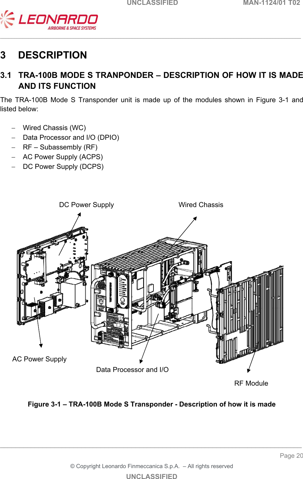  UNCLASSIFIED  MAN-1124/01 T02   ___________________________________________________________________________________________________________ ______________________________________________________________________________ Page 20 &copy; Copyright Leonardo Finmeccanica S.p.A.  &ndash; All rights reserved UNCLASSIFIED 3  DESCRIPTION 3.1  TRA-100B MODE S TRANPONDER &ndash; DESCRIPTION OF HOW IT IS MADE AND ITS FUNCTION The  TRA-100B  Mode  S  Transponder  unit  is  made  up  of  the  modules  shown  in  Figure  3-1  and listed below:    Wired Chassis (WC)   Data Processor and I/O (DPIO)   RF &ndash; Subassembly (RF)   AC Power Supply (ACPS)   DC Power Supply (DCPS)           Figure 3-1 &ndash; TRA-100B Mode S Transponder - Description of how it is made DC Power Supply AC Power Supply Wired Chassis RF Module Data Processor and I/O 
