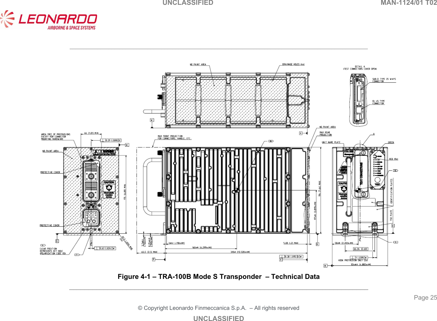 UNCLASSIFIED    MAN-1124/01 T02   ___________________________________________________________________________________________________________ ______________________________________________________________________________ Page 25 &copy; Copyright Leonardo Finmeccanica S.p.A.  &ndash; All rights reserved UNCLASSIFIED   Figure 4-1 &ndash; TRA-100B Mode S Transponder  &ndash; Technical Data 