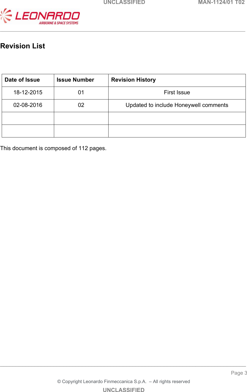   UNCLASSIFIED  MAN-1124/01 T02   ___________________________________________________________________________________________________________ ______________________________________________________________________________ Page 3 &copy; Copyright Leonardo Finmeccanica S.p.A.  &ndash; All rights reserved UNCLASSIFIED  Revision List    Date of Issue  Issue Number  Revision History 18-12-2015  01  First Issue 02-08-2016  02  Updated to include Honeywell comments          This document is composed of 112 pages.       