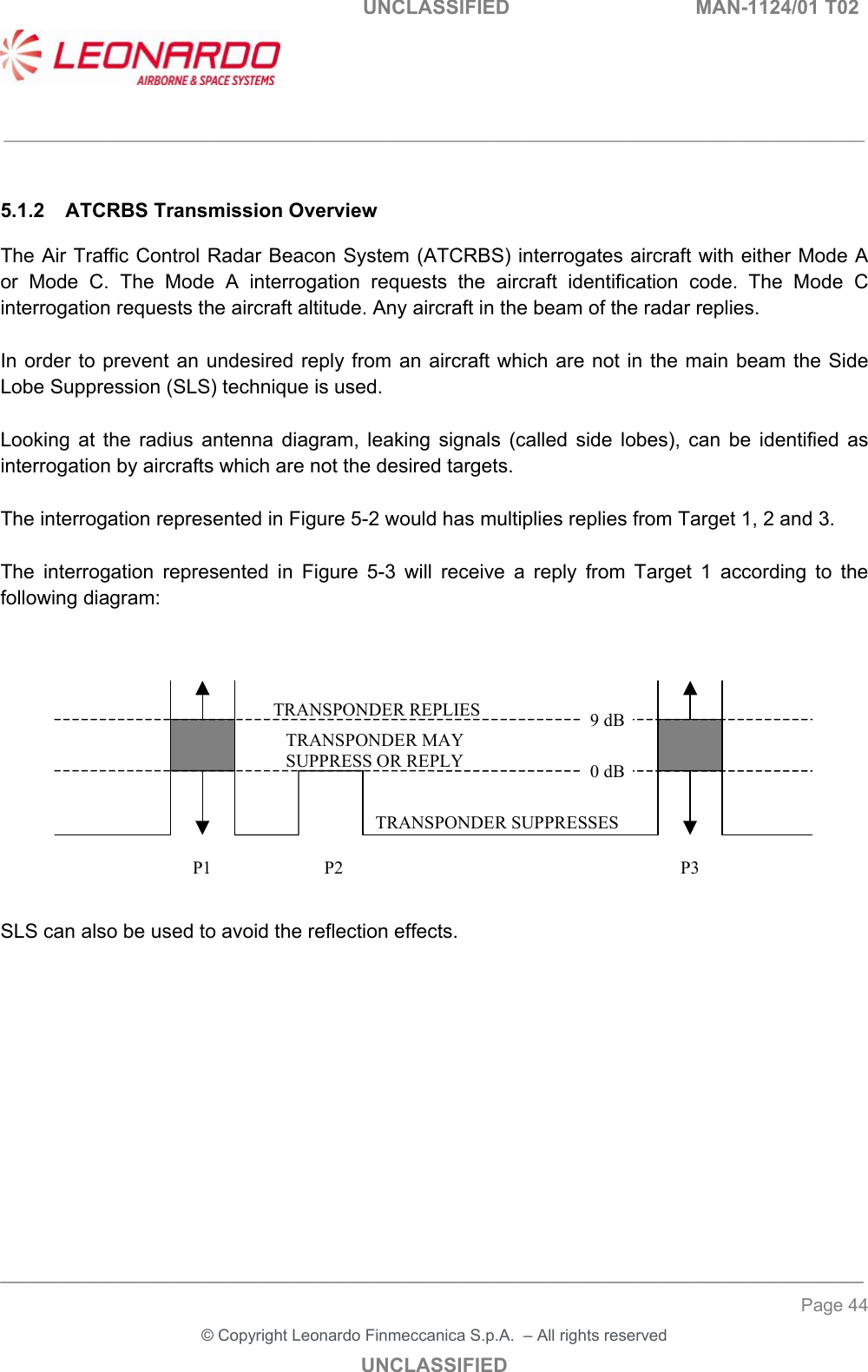   UNCLASSIFIED  MAN-1124/01 T02   ___________________________________________________________________________________________________________ ______________________________________________________________________________ Page 44 &copy; Copyright Leonardo Finmeccanica S.p.A.  &ndash; All rights reserved UNCLASSIFIED  5.1.2  ATCRBS Transmission Overview The Air Traffic Control Radar Beacon System (ATCRBS) interrogates aircraft with either Mode A or  Mode  C.  The  Mode  A  interrogation  requests  the  aircraft  identification  code.  The  Mode  C interrogation requests the aircraft altitude. Any aircraft in the beam of the radar replies.  In order to prevent an undesired  reply from an aircraft which are not in the main  beam the Side Lobe Suppression (SLS) technique is used.  Looking  at  the  radius  antenna  diagram,  leaking  signals  (called  side  lobes),  can  be  identified  as interrogation by aircrafts which are not the desired targets.  The interrogation represented in Figure 5-2 would has multiplies replies from Target 1, 2 and 3.  The  interrogation  represented  in  Figure  5-3  will  receive  a  reply  from  Target  1  according  to  the following diagram:     9 dB  0 dBP1 P2 P3TRANSPONDER REPLIESTRANSPONDER MAYSUPPRESS OR REPLYTRANSPONDER SUPPRESSES  SLS can also be used to avoid the reflection effects.    