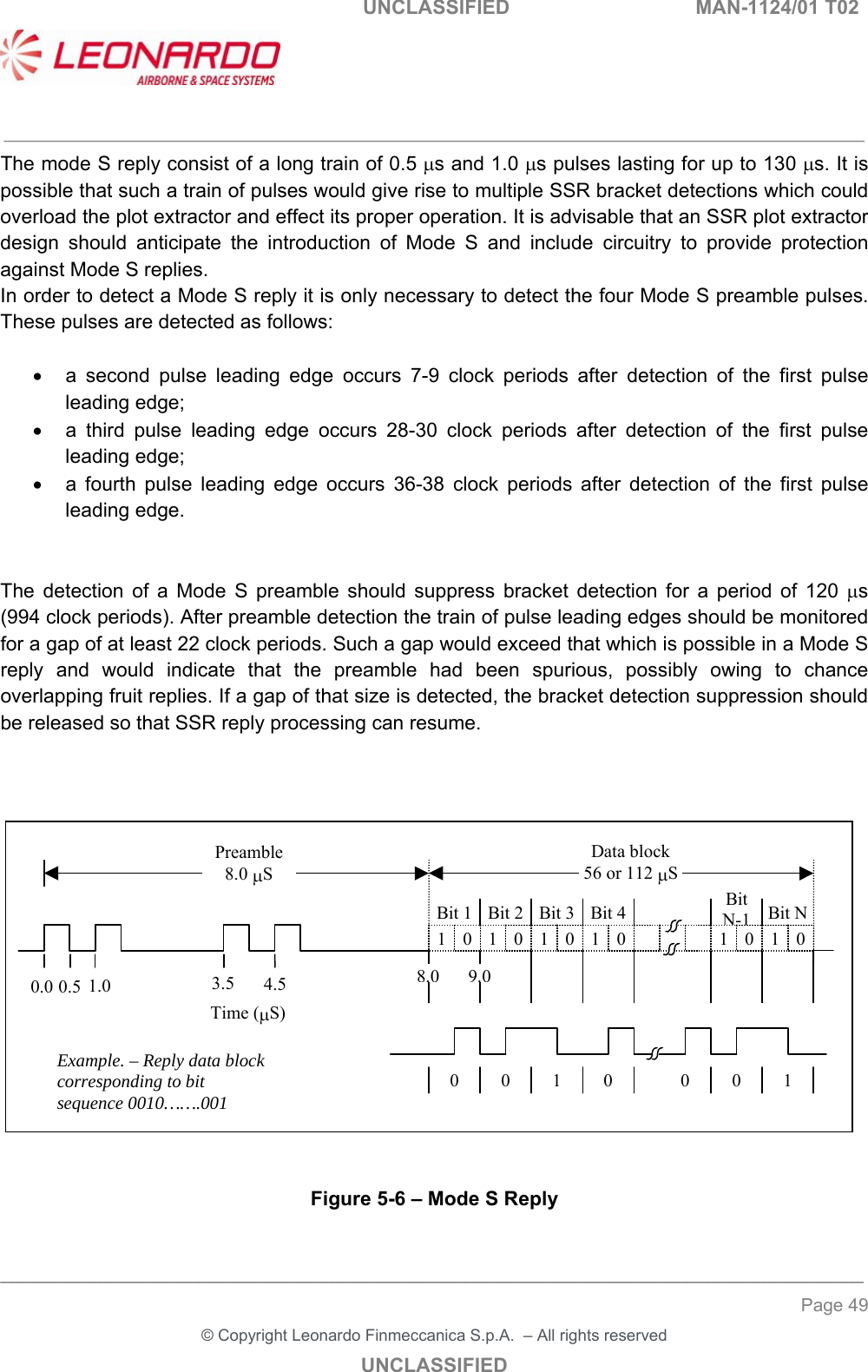   UNCLASSIFIED  MAN-1124/01 T02   ___________________________________________________________________________________________________________ ______________________________________________________________________________ Page 49 &copy; Copyright Leonardo Finmeccanica S.p.A.  &ndash; All rights reserved UNCLASSIFIED The mode S reply consist of a long train of 0.5 s and 1.0 s pulses lasting for up to 130 s. It is possible that such a train of pulses would give rise to multiple SSR bracket detections which could overload the plot extractor and effect its proper operation. It is advisable that an SSR plot extractor design  should  anticipate  the  introduction  of  Mode  S  and  include  circuitry  to  provide  protection against Mode S replies. In order to detect a Mode S reply it is only necessary to detect the four Mode S preamble pulses. These pulses are detected as follows:    a  second  pulse  leading  edge  occurs  7-9  clock  periods  after  detection  of  the  first  pulse leading edge;   a  third  pulse  leading  edge  occurs  28-30  clock  periods  after  detection  of  the  first  pulse leading edge;   a  fourth  pulse  leading  edge  occurs  36-38  clock  periods  after  detection  of  the  first  pulse leading edge.   The  detection  of  a  Mode  S  preamble  should  suppress  bracket  detection  for  a  period  of  120  s (994 clock periods). After preamble detection the train of pulse leading edges should be monitored for a gap of at least 22 clock periods. Such a gap would exceed that which is possible in a Mode S reply  and  would  indicate  that  the  preamble  had  been  spurious,  possibly  owing  to  chance overlapping fruit replies. If a gap of that size is detected, the bracket detection suppression should be released so that SSR reply processing can resume.    Bit 1 Bit 2 Bit 3 Bit 41 0 1 0 1 0 1 08.09.01 0 1 0BitN-1Bit N0.0 0.5 1.0 3.5 4.5Time (S)Preamble8.0 SData block56 or 112 S0000011Example. &ndash; Reply data blockcorresponding to bitsequence 0010&hellip;&hellip;.001   Figure 5-6 &ndash; Mode S Reply  