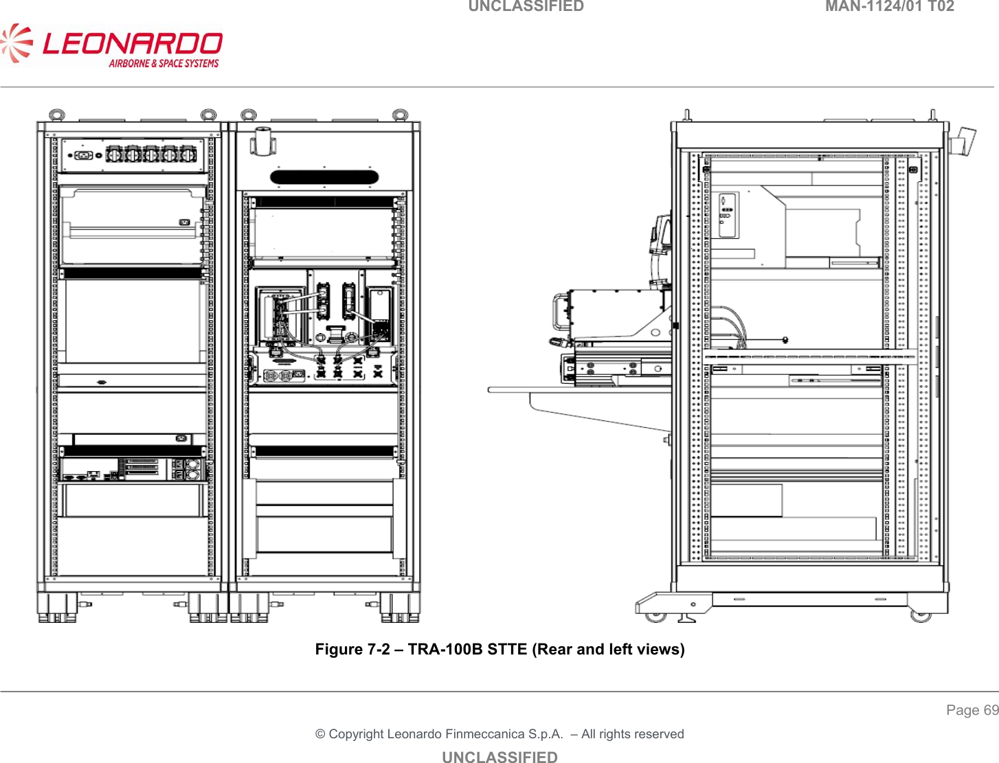                                                                                                UNCLASSIFIED        MAN-1124/01 T02  ____________________________________________________________________________________________________________________________________________________________ __________________________________________________________________________________________________________________ Page 69 &copy; Copyright Leonardo Finmeccanica S.p.A.  &ndash; All rights reserved UNCLASSIFIED  Figure 7-2 &ndash; TRA-100B STTE (Rear and left views) 
