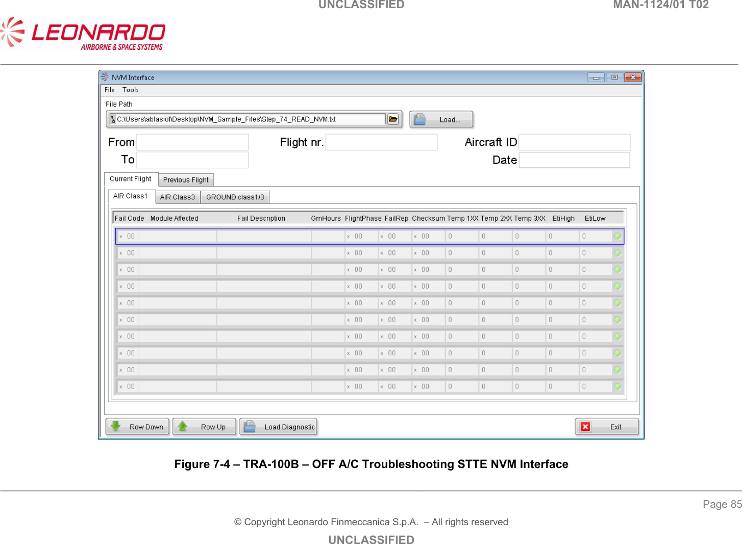                                                                                       UNCLASSIFIED        MAN-1124/01 T02  ____________________________________________________________________________________________________________________________________________________________ __________________________________________________________________________________________________________________ Page 85 &copy; Copyright Leonardo Finmeccanica S.p.A.  &ndash; All rights reserved UNCLASSIFIED   Figure 7-4 &ndash; TRA-100B &ndash; OFF A/C Troubleshooting STTE NVM Interface 