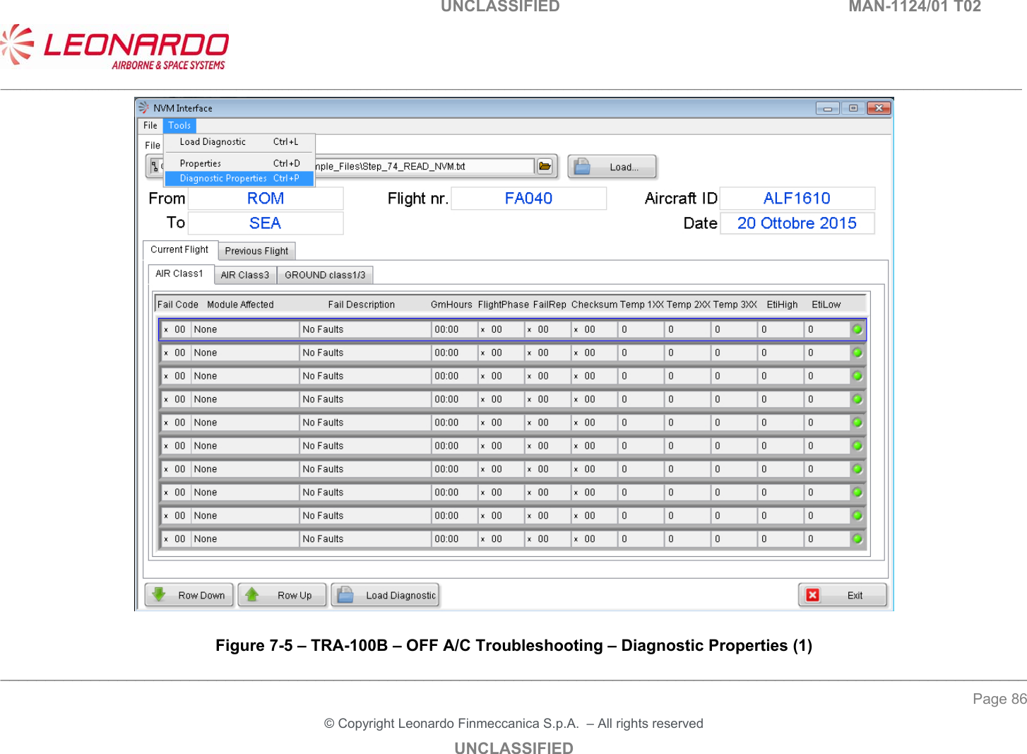                                                                                       UNCLASSIFIED        MAN-1124/01 T02  ____________________________________________________________________________________________________________________________________________________________ __________________________________________________________________________________________________________________ Page 86 &copy; Copyright Leonardo Finmeccanica S.p.A.  &ndash; All rights reserved UNCLASSIFIED   Figure 7-5 &ndash; TRA-100B &ndash; OFF A/C Troubleshooting &ndash; Diagnostic Properties (1) 