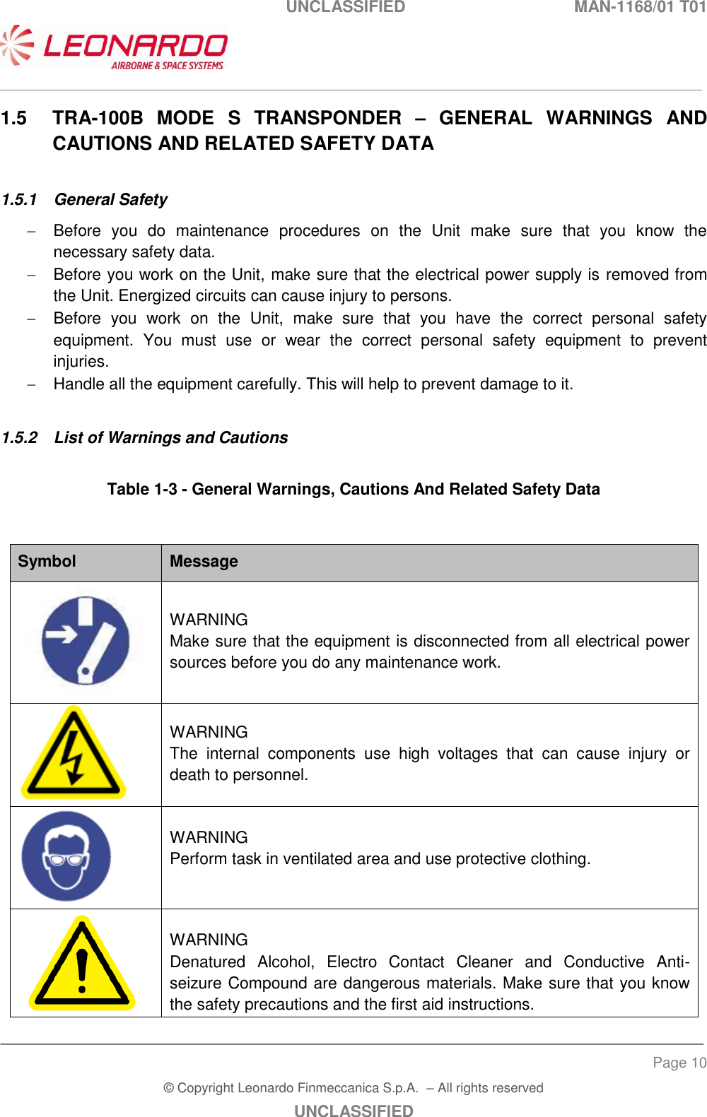 UNCLASSIFIED  MAN-1168/01 T01   ___________________________________________________________________________________________________________ ______________________________________________________________________________ Page 10 &copy; Copyright Leonardo Finmeccanica S.p.A.  &ndash; All rights reserved UNCLASSIFIED 1.5  TRA-100B  MODE  S  TRANSPONDER  &ndash;  GENERAL  WARNINGS  AND CAUTIONS AND RELATED SAFETY DATA 1.5.1  General Safety   Before  you  do  maintenance  procedures  on  the  Unit  make  sure  that  you  know  the necessary safety data.   Before you work on the Unit, make sure that the electrical power supply is removed from the Unit. Energized circuits can cause injury to persons.   Before  you  work  on  the  Unit,  make  sure  that  you  have  the  correct  personal  safety equipment.  You  must  use  or  wear  the  correct  personal  safety  equipment  to  prevent injuries.   Handle all the equipment carefully. This will help to prevent damage to it. 1.5.2  List of Warnings and Cautions  Table 1-3 - General Warnings, Cautions And Related Safety Data   Symbol Message  WARNING Make sure that the equipment is disconnected from all electrical power sources before you do any maintenance work.  WARNING The  internal  components  use  high  voltages  that  can  cause  injury  or death to personnel.   WARNING Perform task in ventilated area and use protective clothing.   WARNING Denatured  Alcohol,  Electro  Contact  Cleaner  and  Conductive  Anti-seizure Compound are dangerous materials. Make sure that you know the safety precautions and the first aid instructions. 