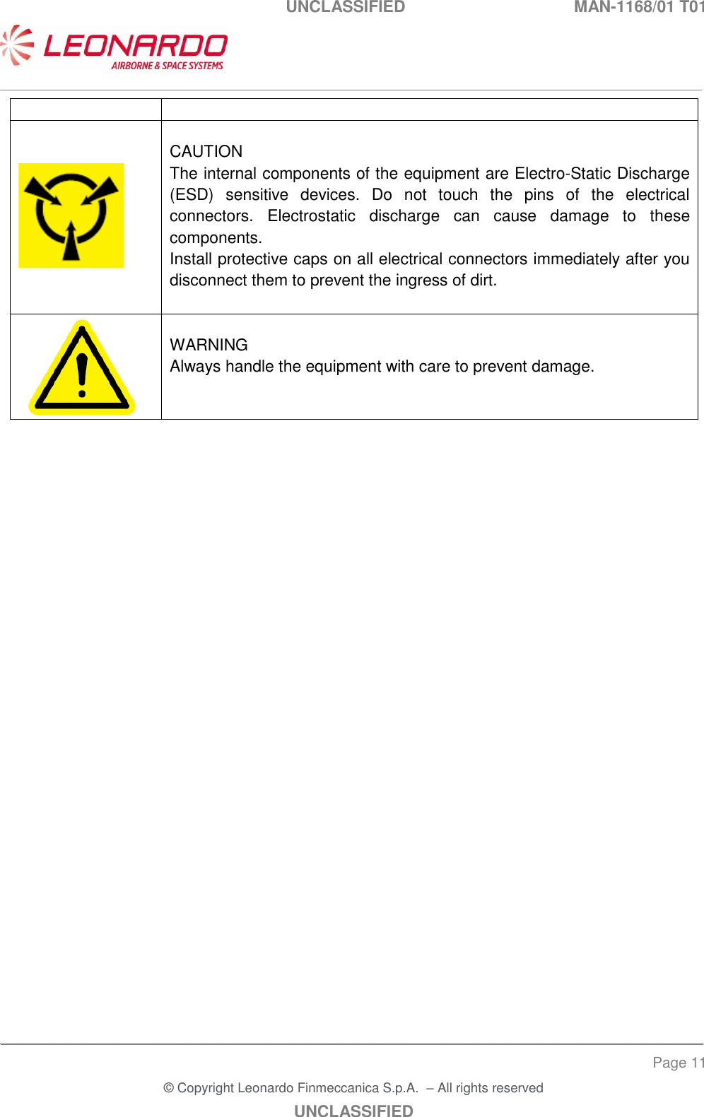 UNCLASSIFIED  MAN-1168/01 T01   ___________________________________________________________________________________________________________ ______________________________________________________________________________ Page 11 &copy; Copyright Leonardo Finmeccanica S.p.A.  &ndash; All rights reserved UNCLASSIFIED      CAUTION The internal components of the equipment are Electro-Static Discharge (ESD)  sensitive  devices.  Do  not  touch  the  pins  of  the  electrical connectors.  Electrostatic  discharge  can  cause  damage  to  these components. Install protective caps on all electrical connectors immediately after you disconnect them to prevent the ingress of dirt.    WARNING Always handle the equipment with care to prevent damage.  