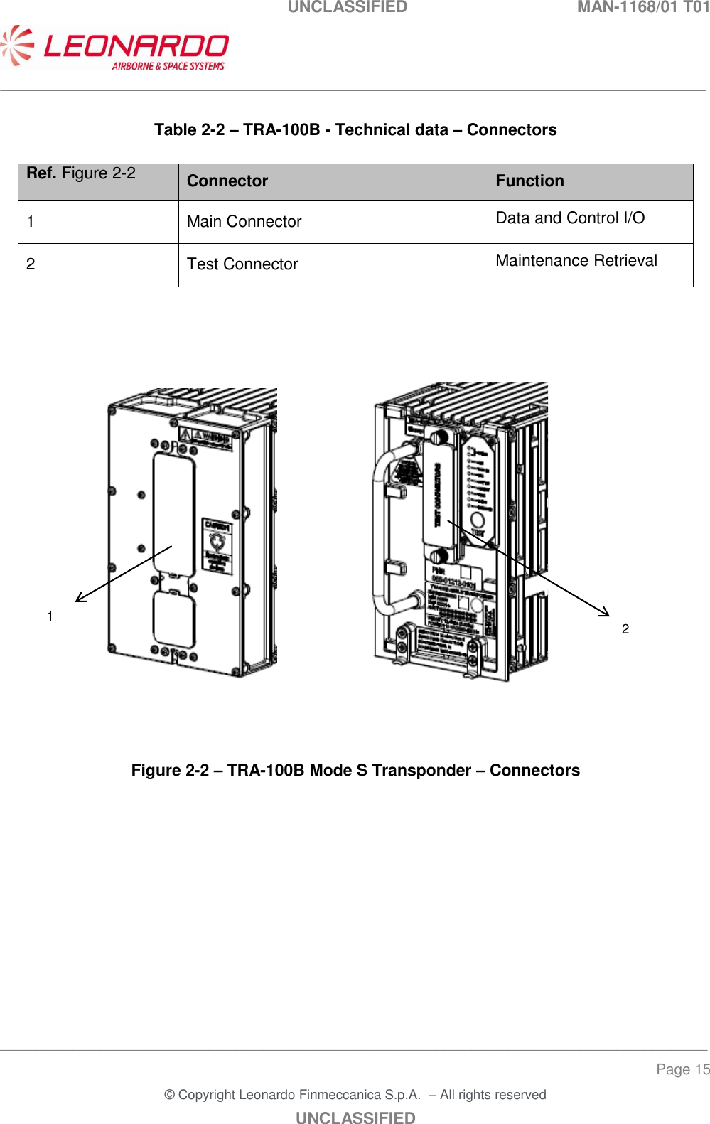 UNCLASSIFIED  MAN-1168/01 T01   ___________________________________________________________________________________________________________ ______________________________________________________________________________ Page 15 &copy; Copyright Leonardo Finmeccanica S.p.A.  &ndash; All rights reserved UNCLASSIFIED  Table 2-2 &ndash; TRA-100B - Technical data &ndash; Connectors  Ref. Figure 2-2 Connector Function 1 Main Connector  Data and Control I/O 2 Test Connector  Maintenance Retrieval                       Figure 2-2 &ndash; TRA-100B Mode S Transponder &ndash; Connectors          1 2 