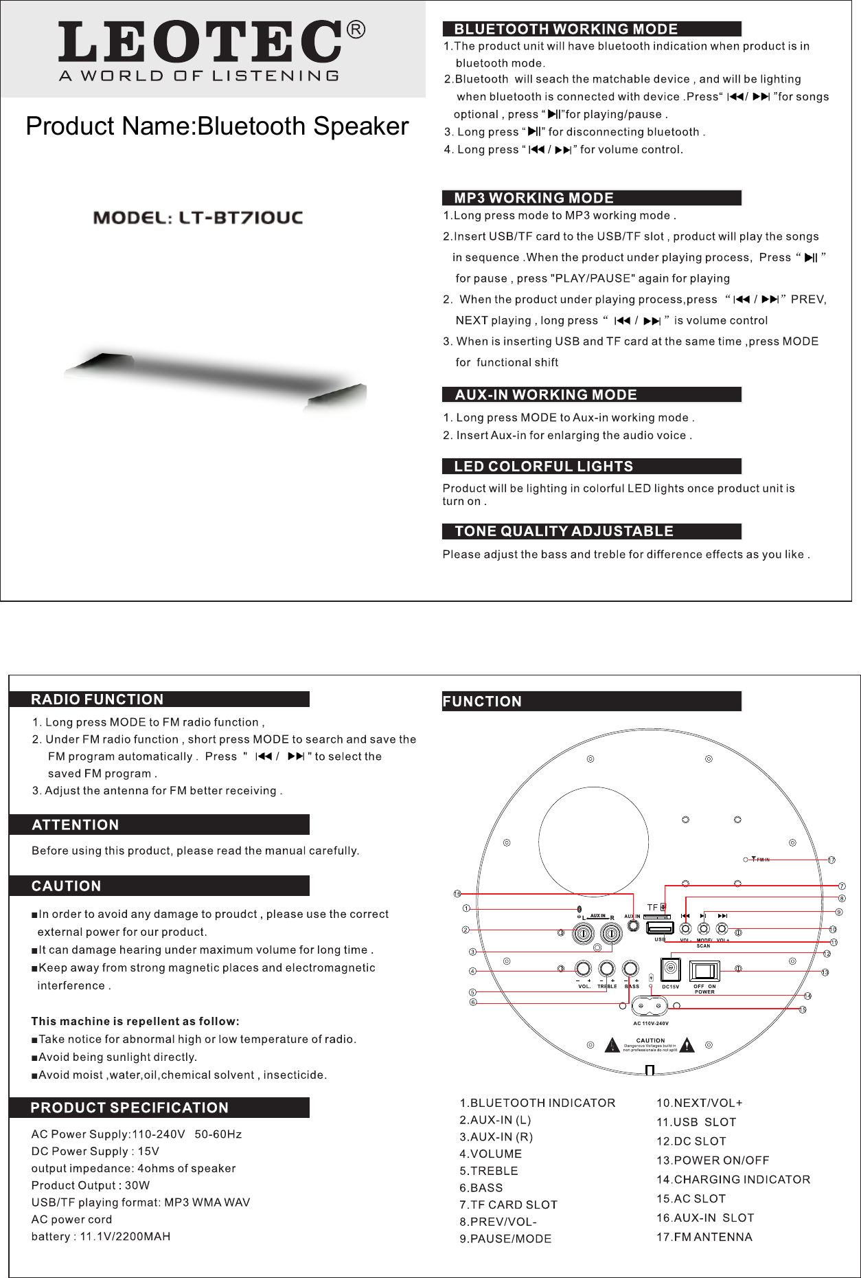 L     AU X IN  RProduct Name:Bluetooth Speaker