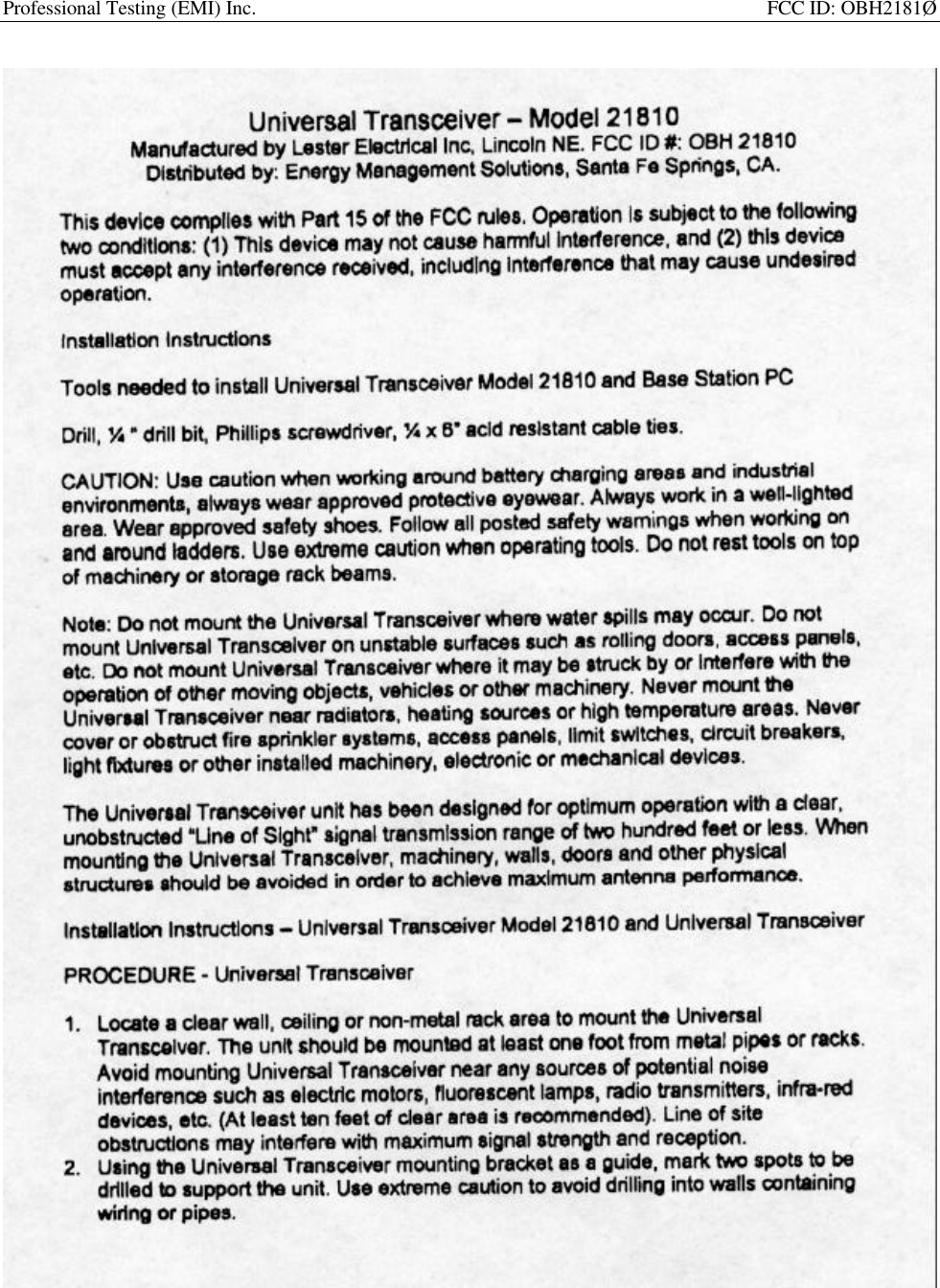 Professional Testing (EMI) Inc.                                                                                                      FCC ID: OBH2181&Oslash;