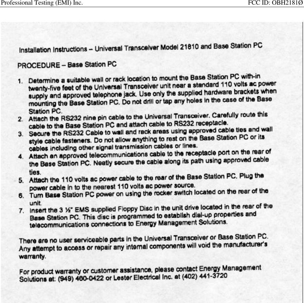 Professional Testing (EMI) Inc.                                                                                                      FCC ID: OBH2181&Oslash;